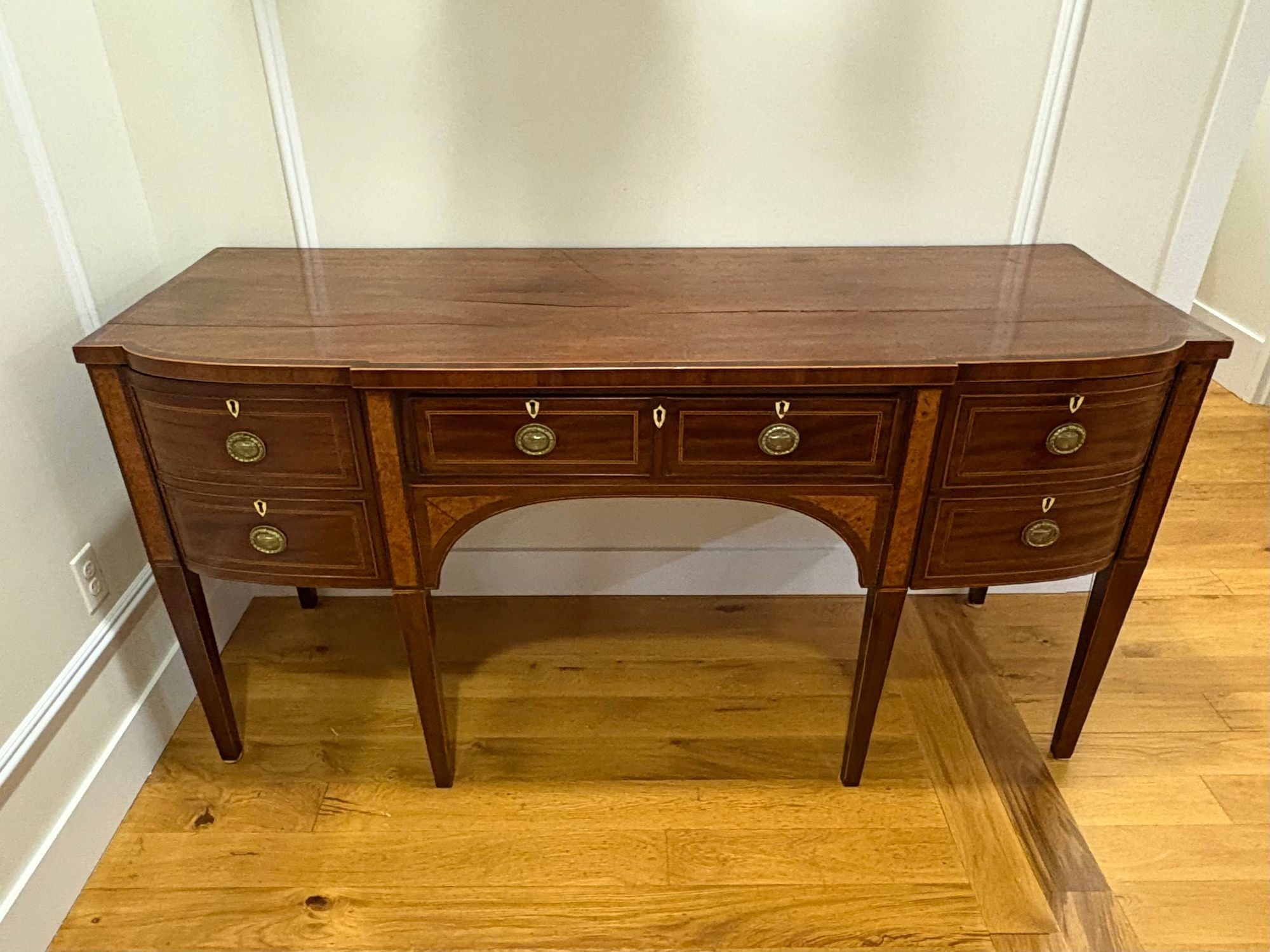 George lll, Mahogany, Inlaid Wood, Satinwood, Brass, Sideboard, England, 18th/19th C.