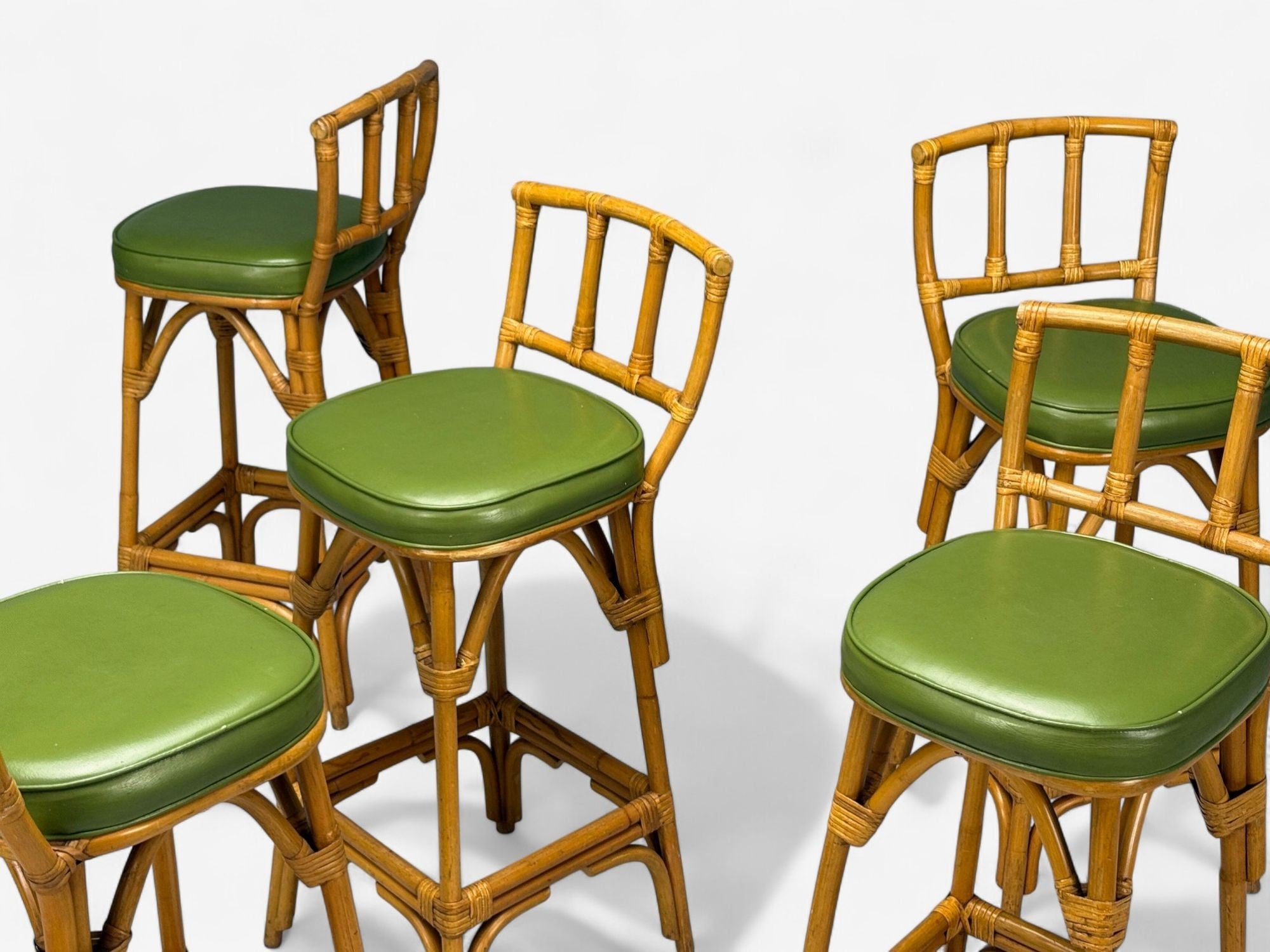 Dutch Modern, Bamboo, Green Leather, Five Barstools, Netherlands, 1970s
