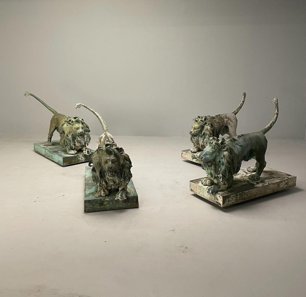 Lion Fountains, Lifesize Outdoor Statues, Patinated Bronze, England, 1860s