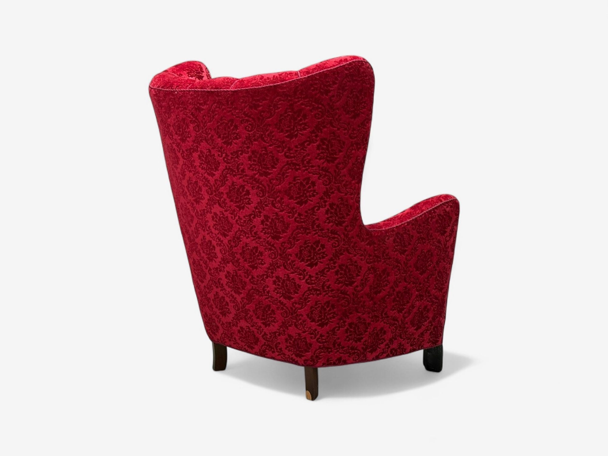 Danish Cabinetmaker, Red Damask, Wood, Lounge Chair, Denmark, 1950s