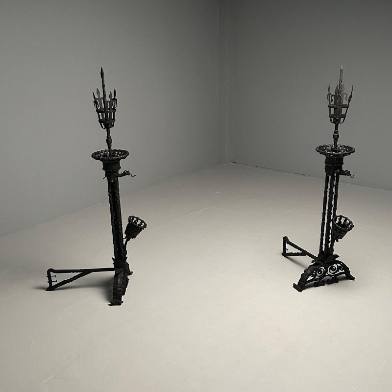 Pair Monumental Samuel Yellin Style Wrought Iron Andirons, Italian Renaissance