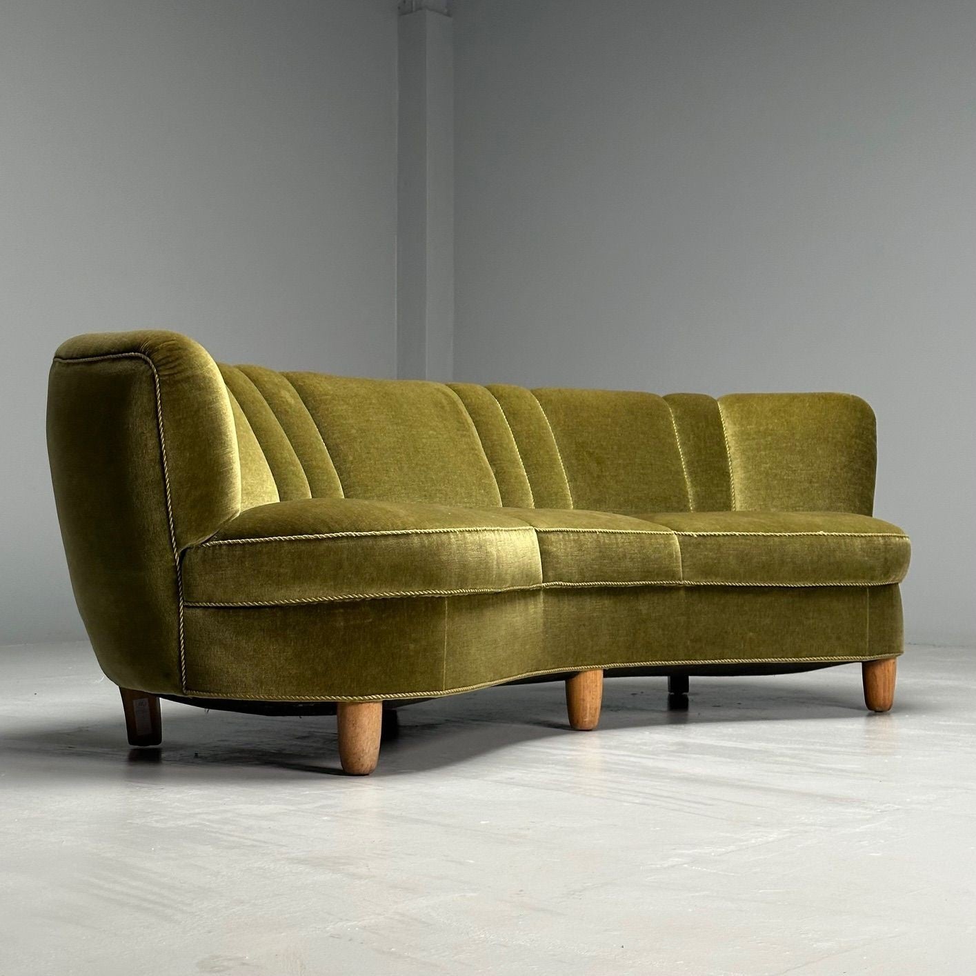 Danish Cabinetmaker, Mid-Century Modern Curved Banana Sofa, Beech, Green Velvet