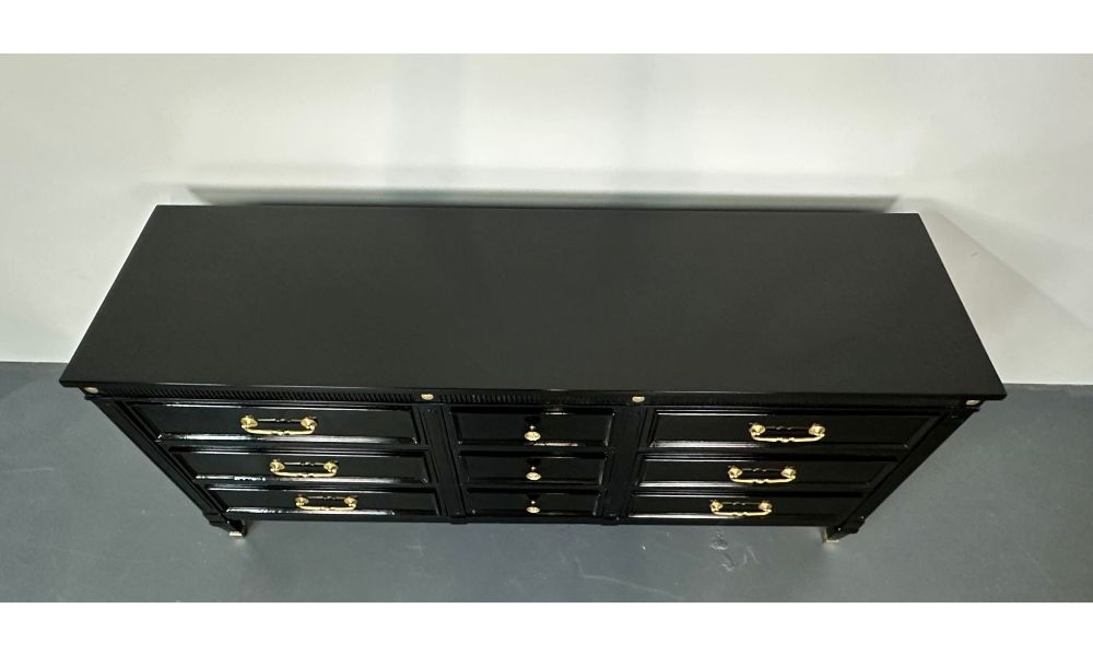 Hollywood Regency Black Lacquer Dresser, Chest, Sideboard, Maison Jansen Style