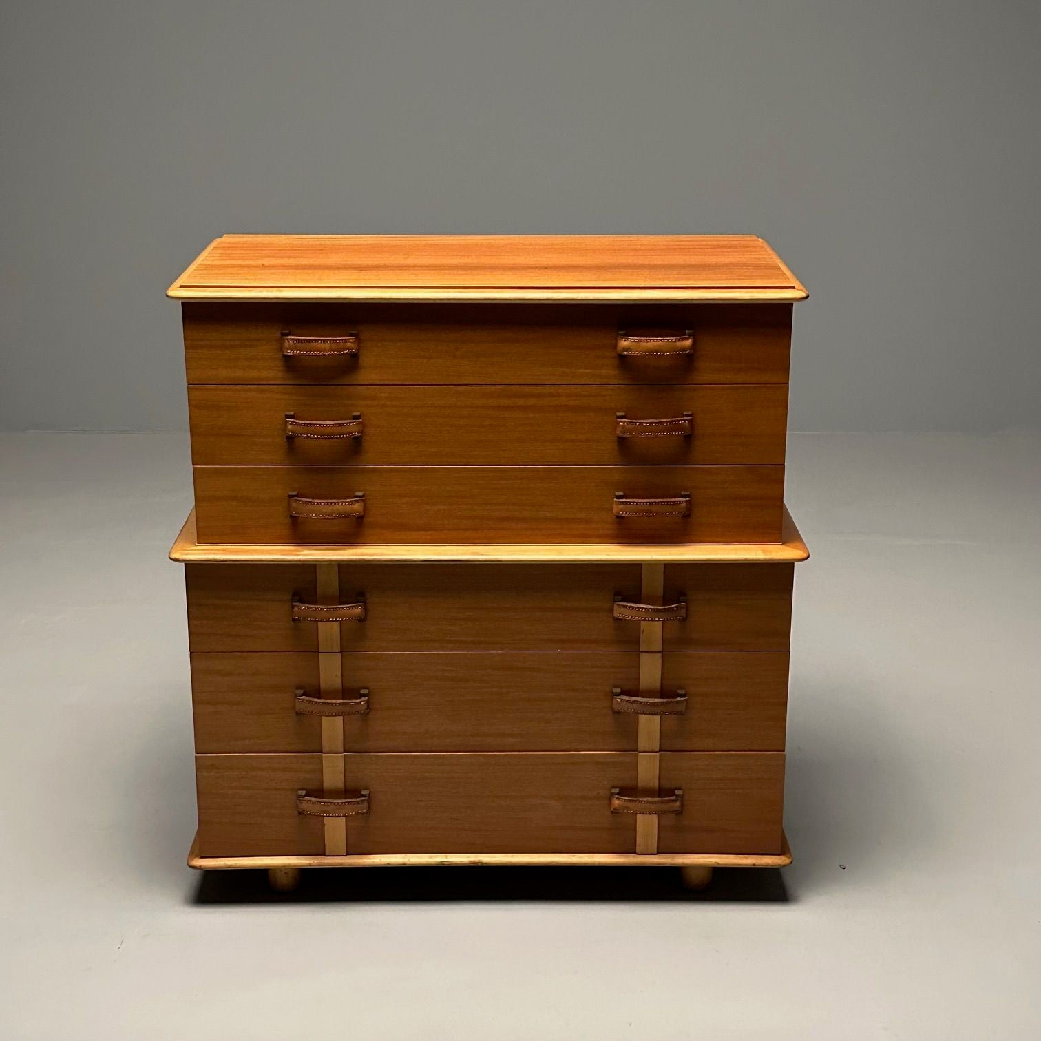 Paul Frankl, John Stuart, Mid-Century Modern Dresser, Mahogany, Leather, Brass