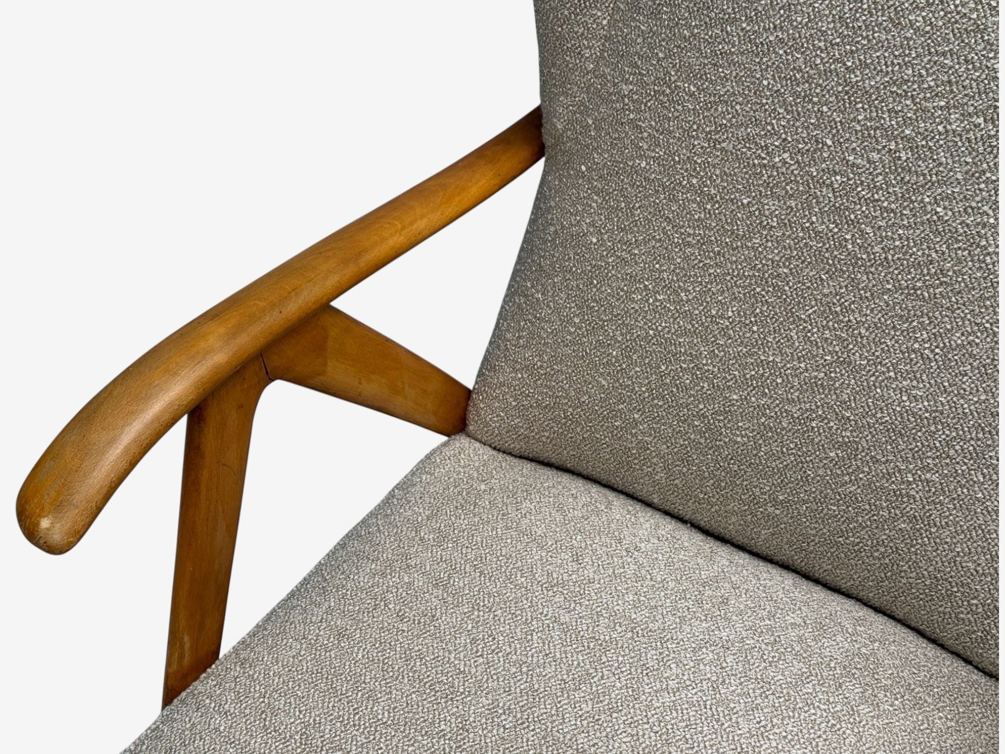 Italian Modern, Beige Boucle, Wood, Sculptural Lounge Chairs, Italy, 1960s