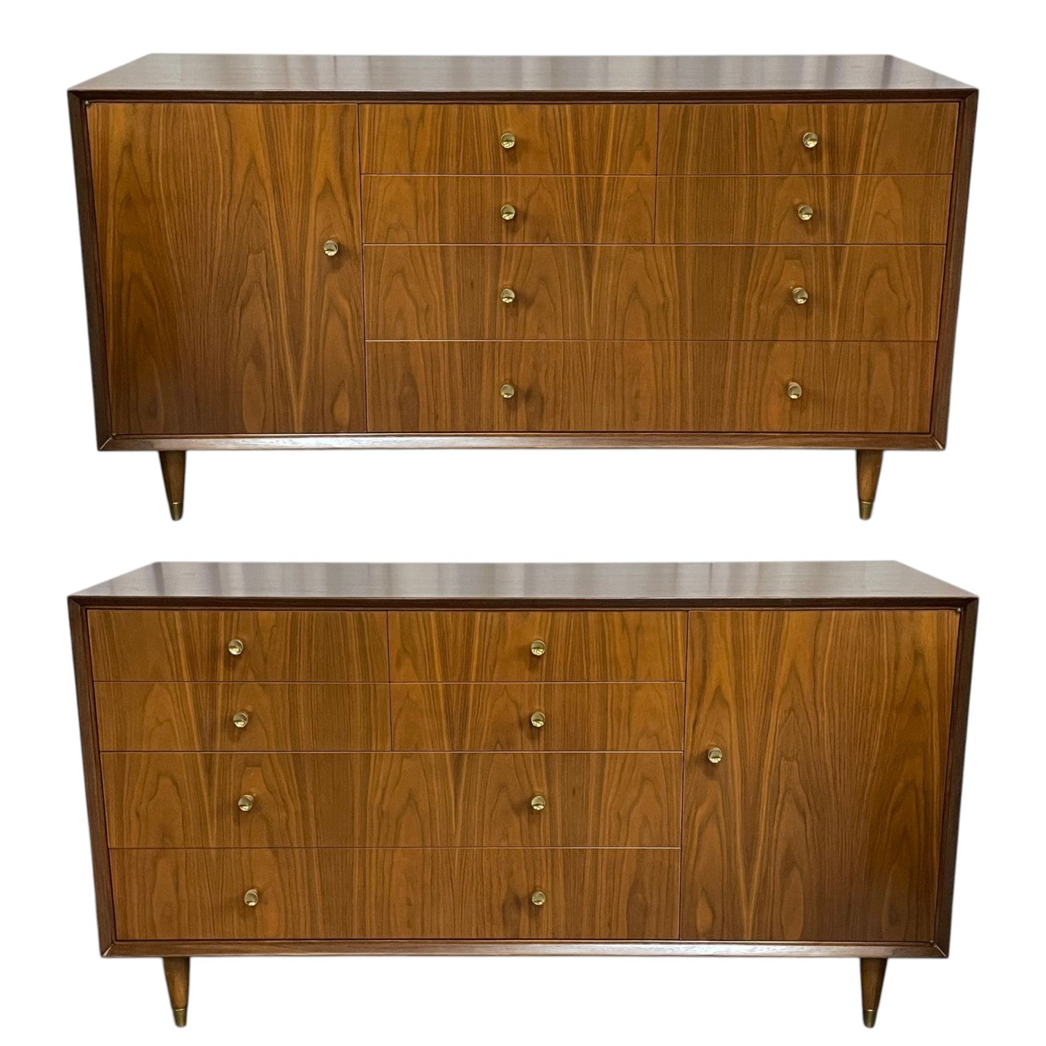 American Modern, Brass, Walnut, Opposing Dressers, USA, 1950s