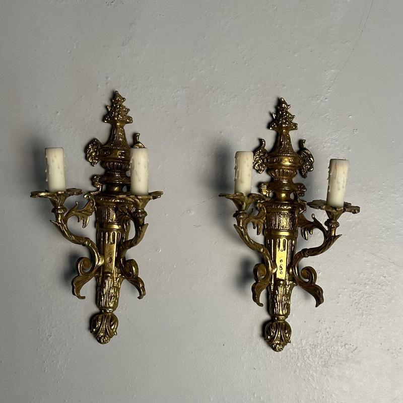 Pair of Louis XVI / Adams Style Bronze Ornate Sconces, Two Light, France, 1940s