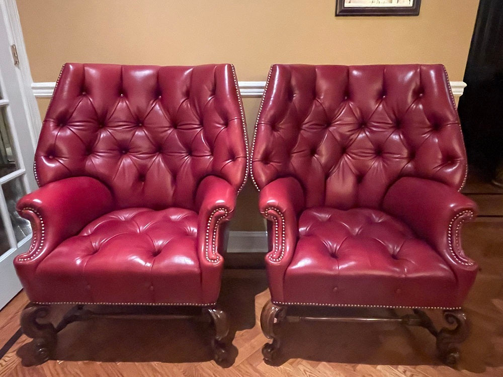 Pair Oversized Tufted Leather Wingback Lounge Chairs, Georgian, Finest Quality