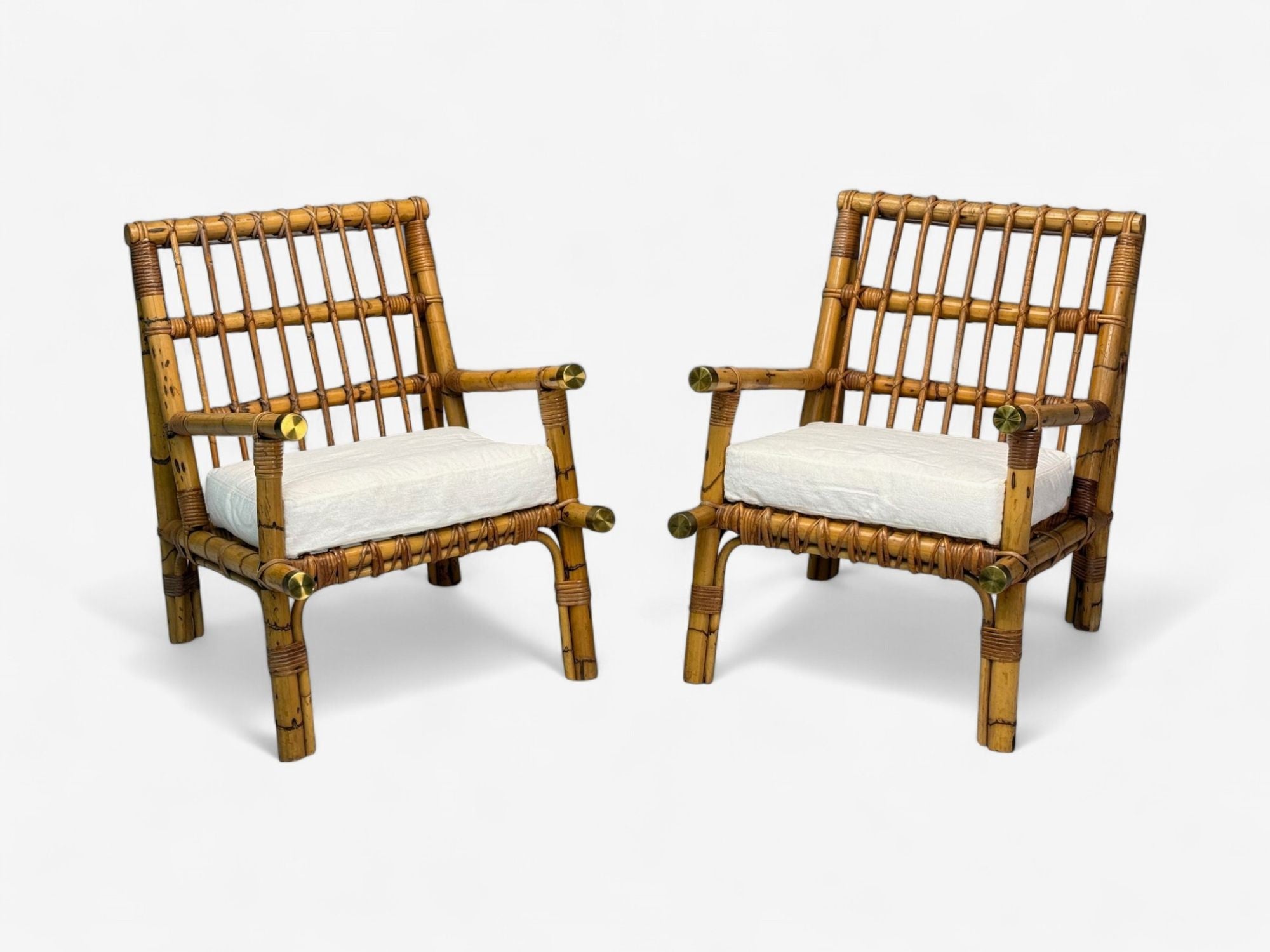 Vivai del Sud attr., Indian Cane, Wicker, Brass, Lounge Chairs, Italy, 1970s