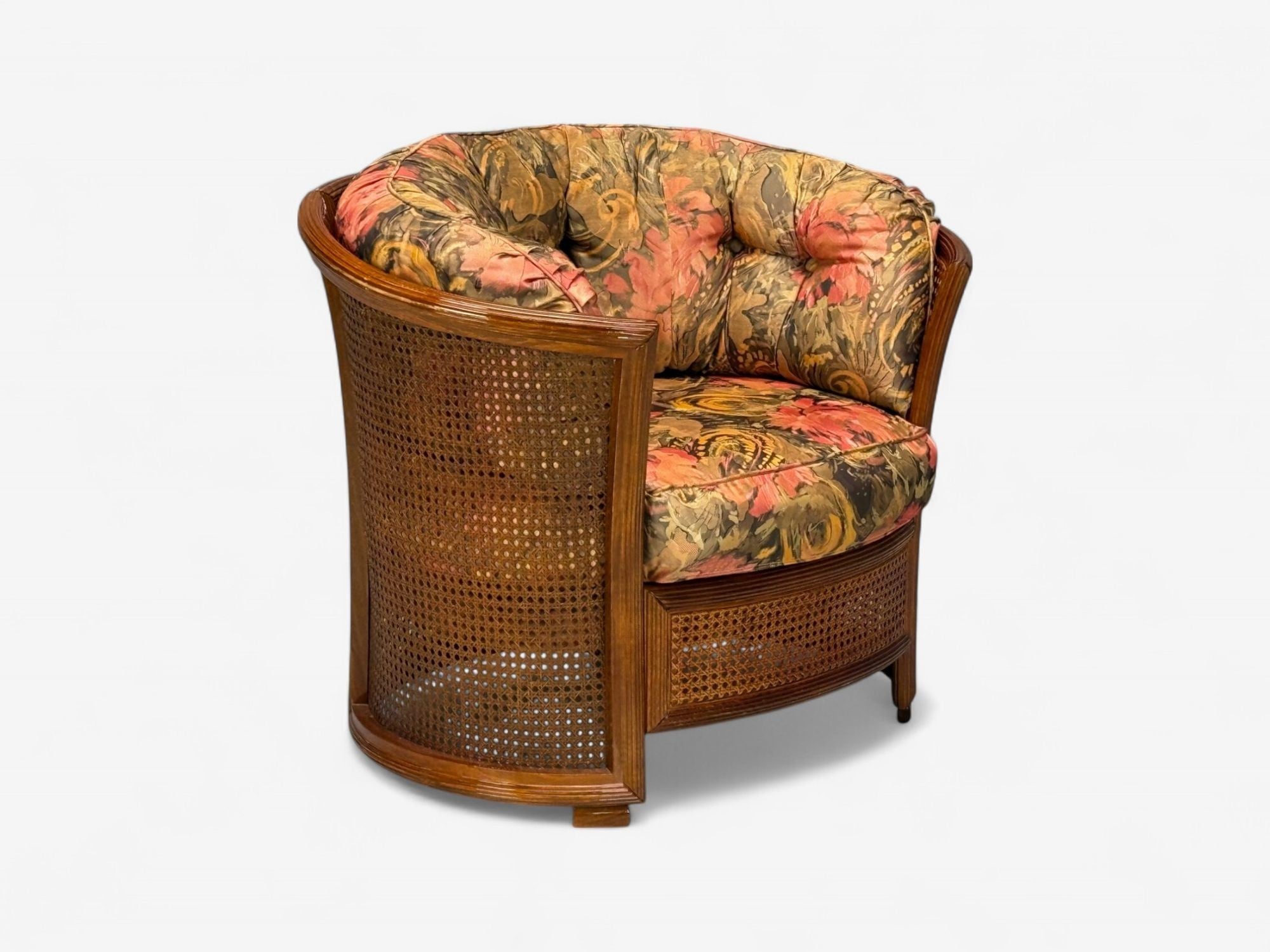 Traditional, Cane, Walnut, Barrel Back Armchair, USA, 1980s