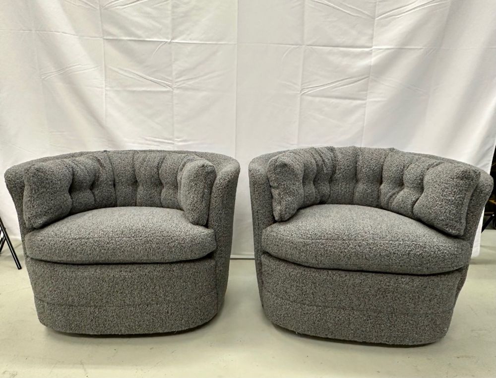 Mid-Century Modern Style Swivel, Rolling Lounge Chairs, Baughman Style, Boucle