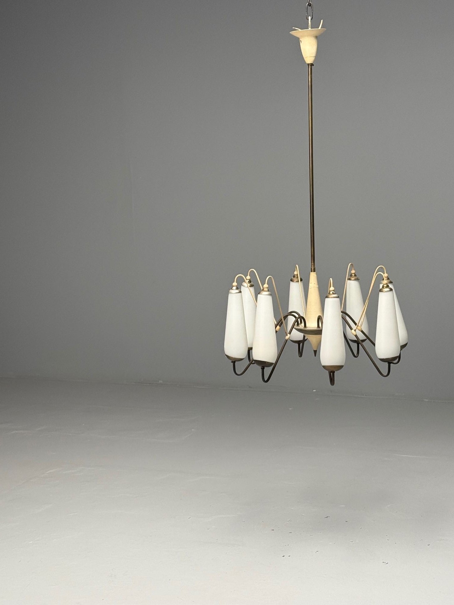 Italian Mid-Century Modern, Eight Light Chandelier, Brass, Metal, Opaline Glass