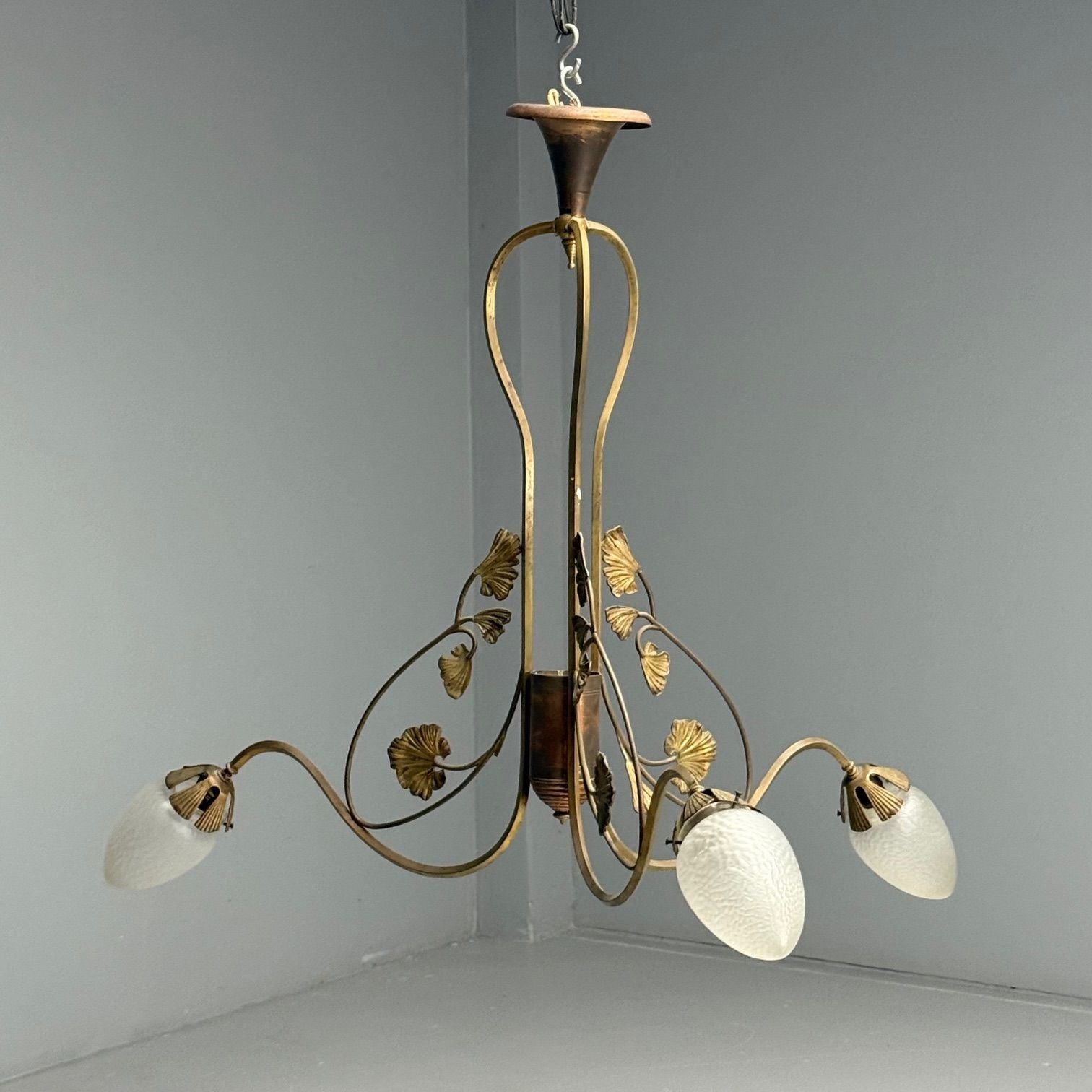 Italian Mid-Century Modern, Floral Chandelier, Brass, Copper, Italy, 1920s
