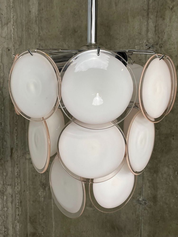 Pair of Mid-Century Modern Style Small Pink Murano Glass Disk Chandeliers