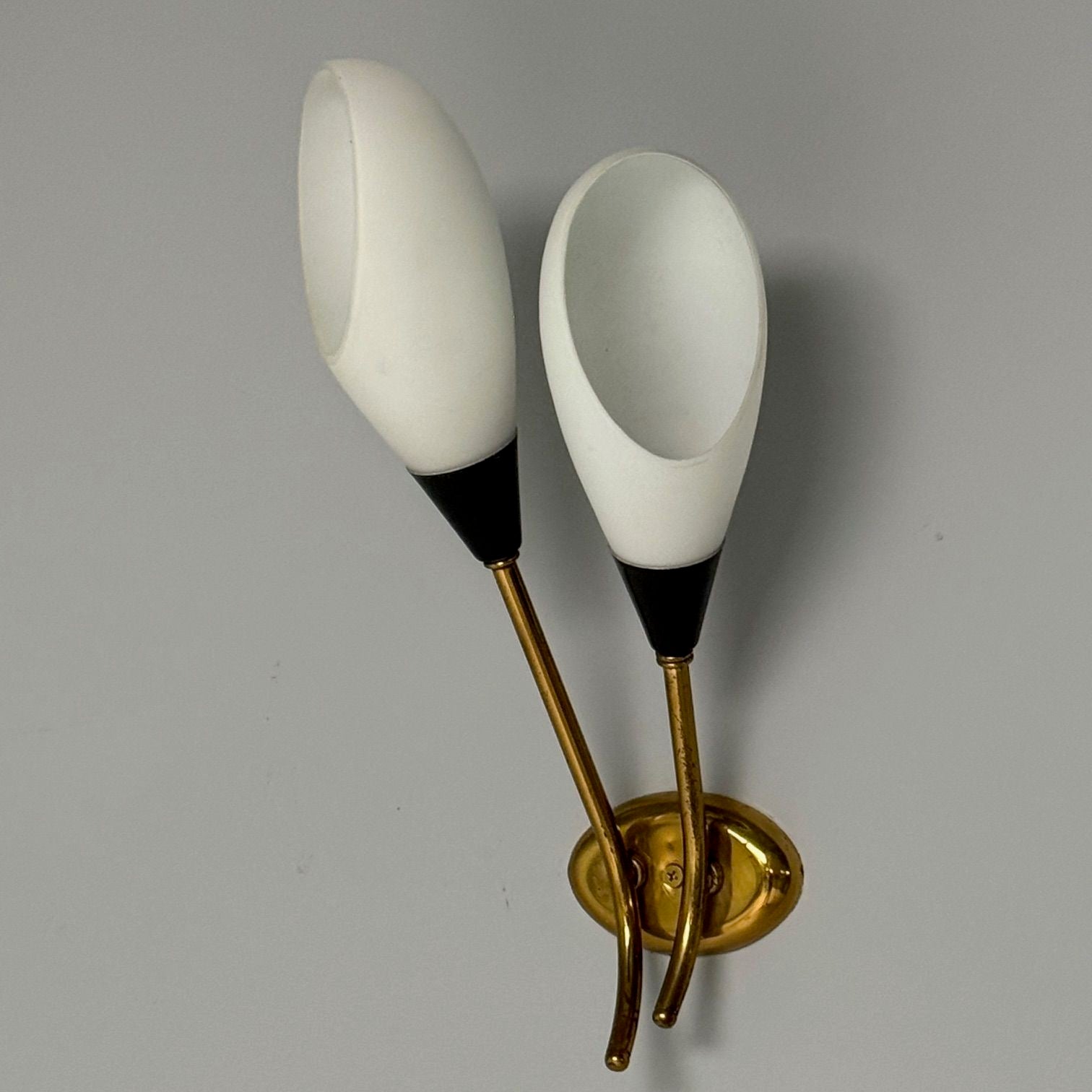 Italian Mid-Century Modern, Wall Sconces, Patinated Brass, Opaline Glass, Italy, 1950s