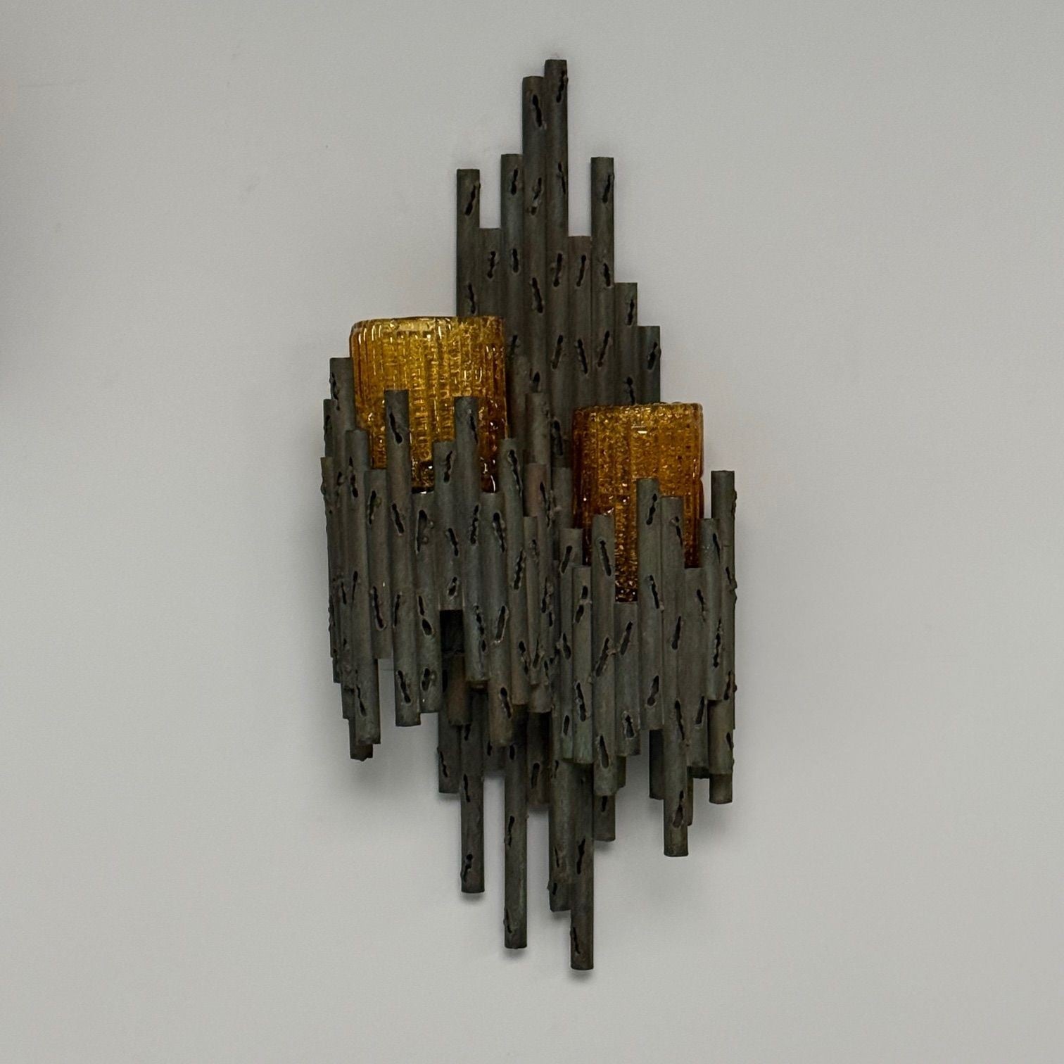 Marcello Fantoni, Brutalist Mid-Century Modern Wall Sconces, Wrought Iron, Glass