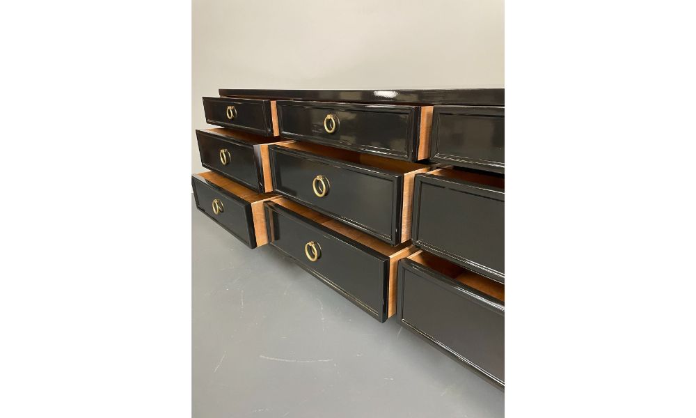 Hollywood Regency Black Lacquered Dresser / Sideboard, Bronze, Baker Furniture