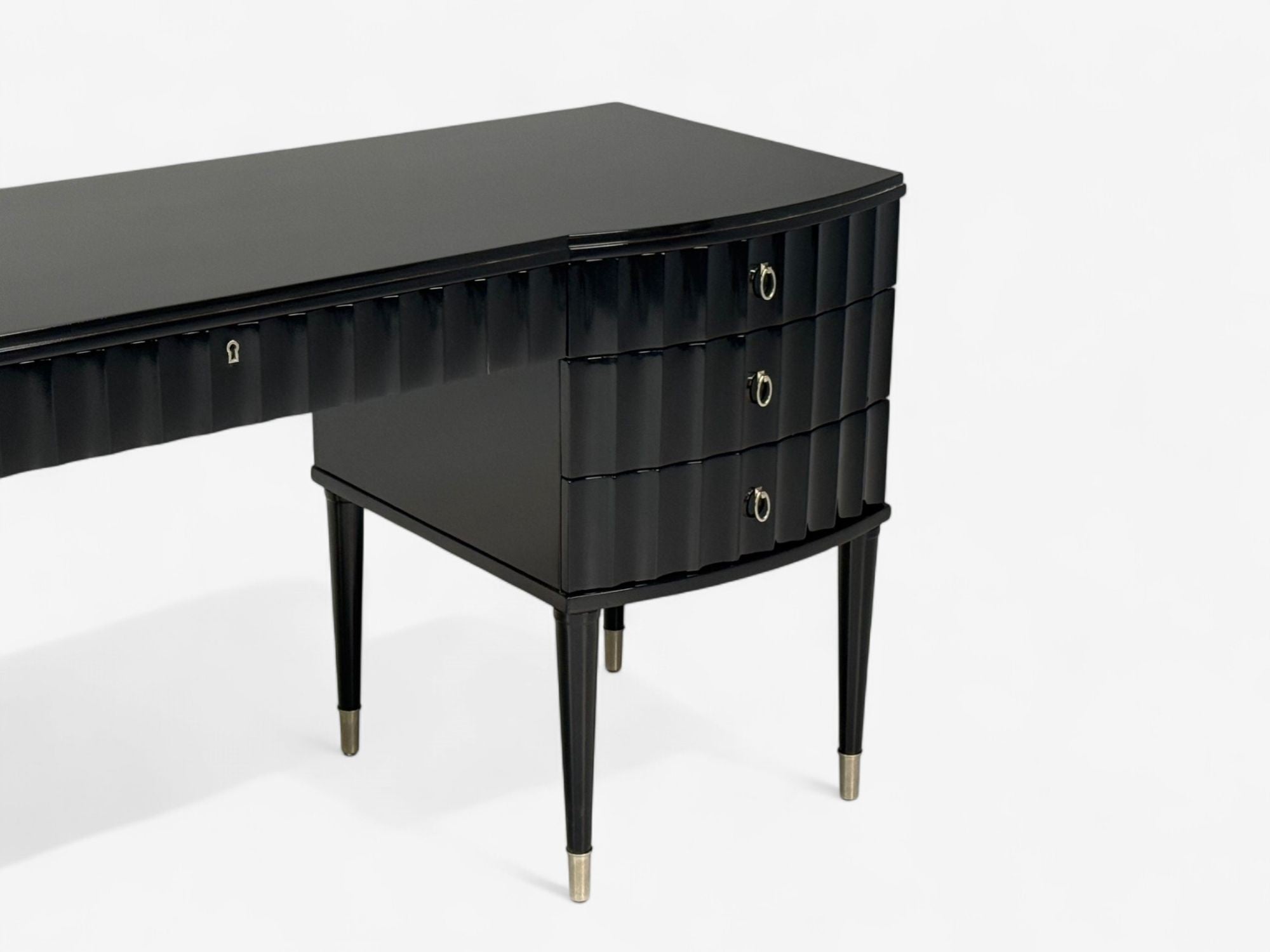 Baker, Hollywood Regency, Black Lacquer, Chrome, Writing Desk, USA, 21st C.