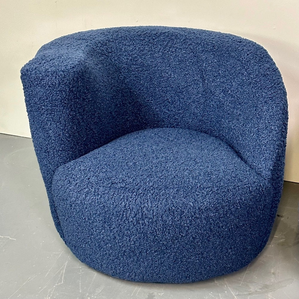 Pair of Mid-Century Modern Nautilus Style Swivel / Lounge Chairs, Blue Faux Fur