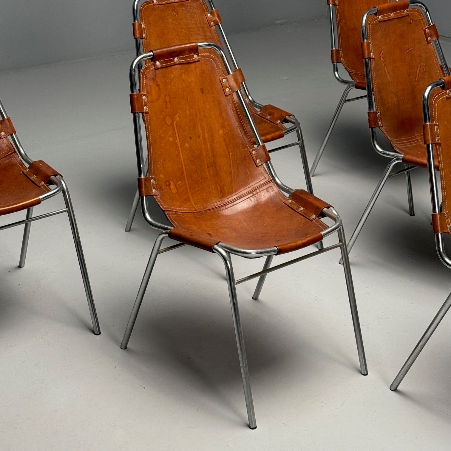 Charlotte Perriand, French Mid-Century Modern, Dining Chairs, Distressed Leather
