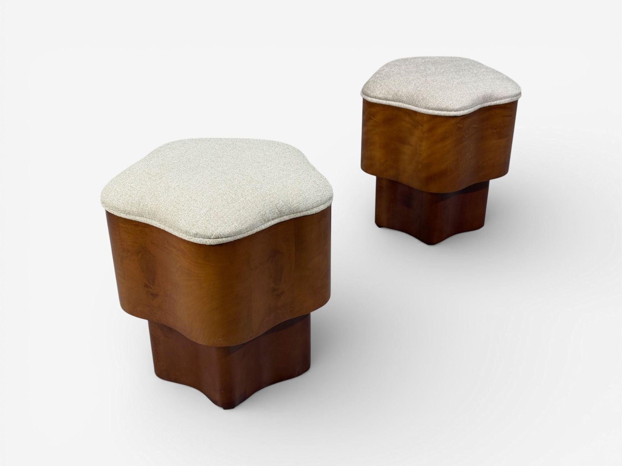 Art Deco Style, Star Motif Footstools, Burlwood, Beige Linen, 21st c.