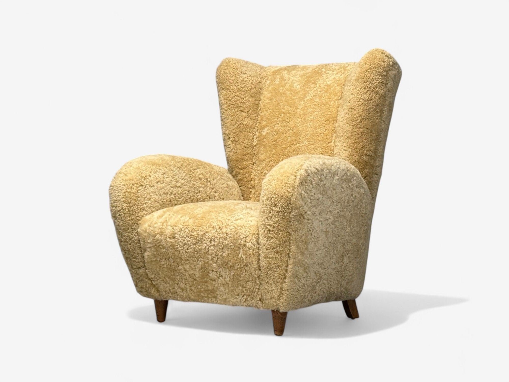 Meroni & Fossati, Beige Shearling, Stained Wood, Lounge Chairs, Italy, 1950s