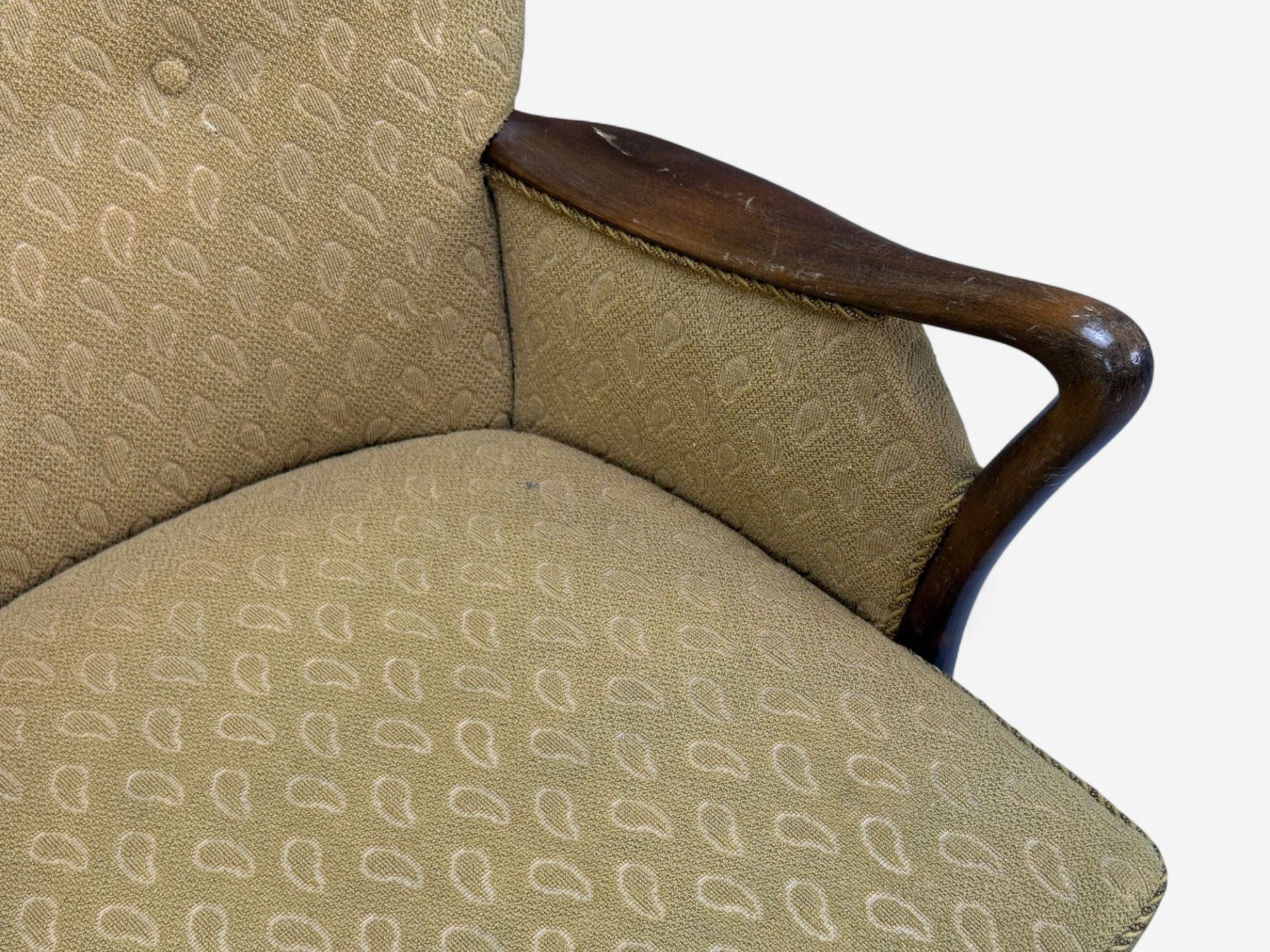 Slagelse Mobelvaerk, Fabric, Wood, Sculptural Arm Chair, Denmark, 1960s