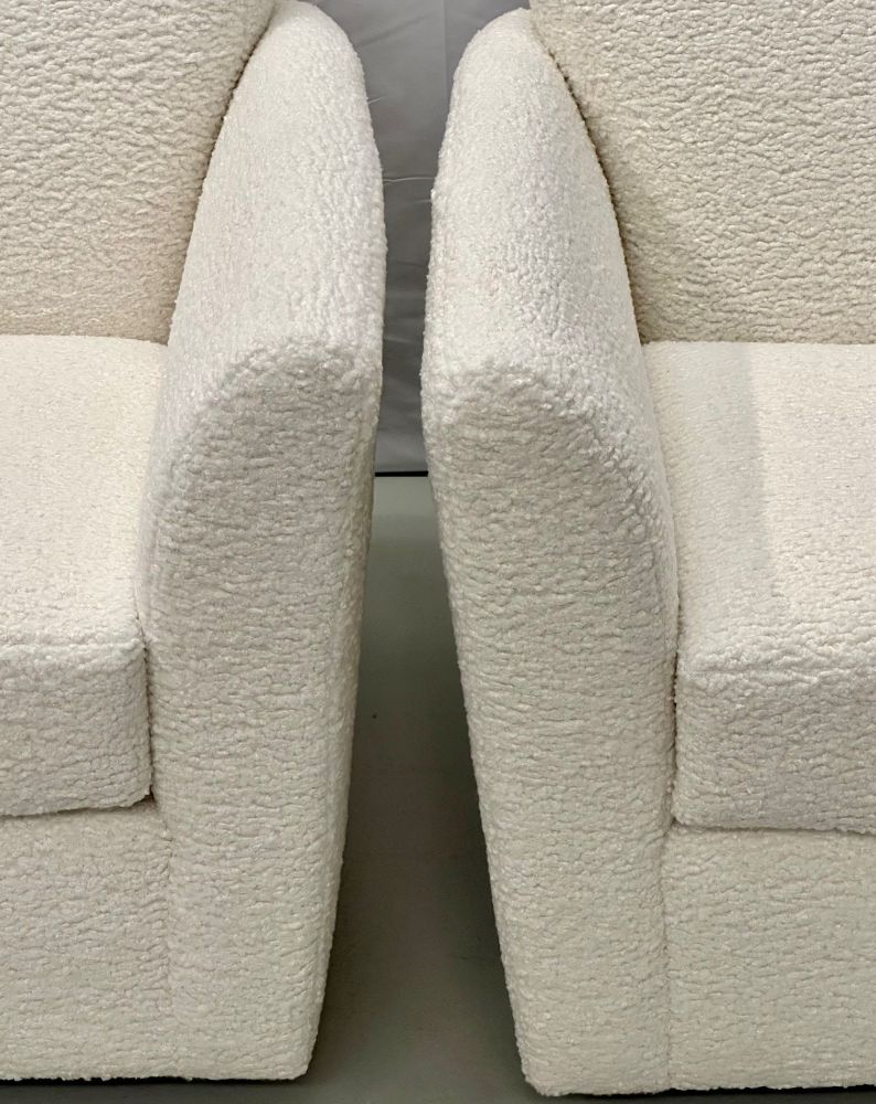 Pair of Mid-Century Modern Square White Boucle Rocking Lounge / Swivel Chairs