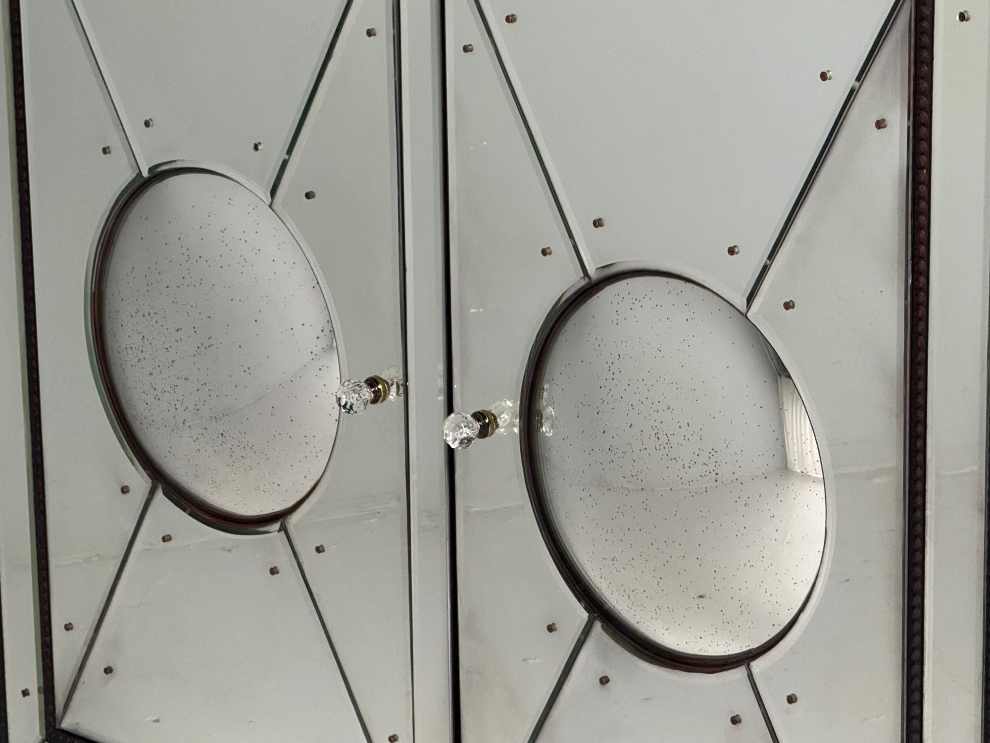 Art Deco Style, Antique Glass, Painted Wood, Concave Mirrored Cabinets