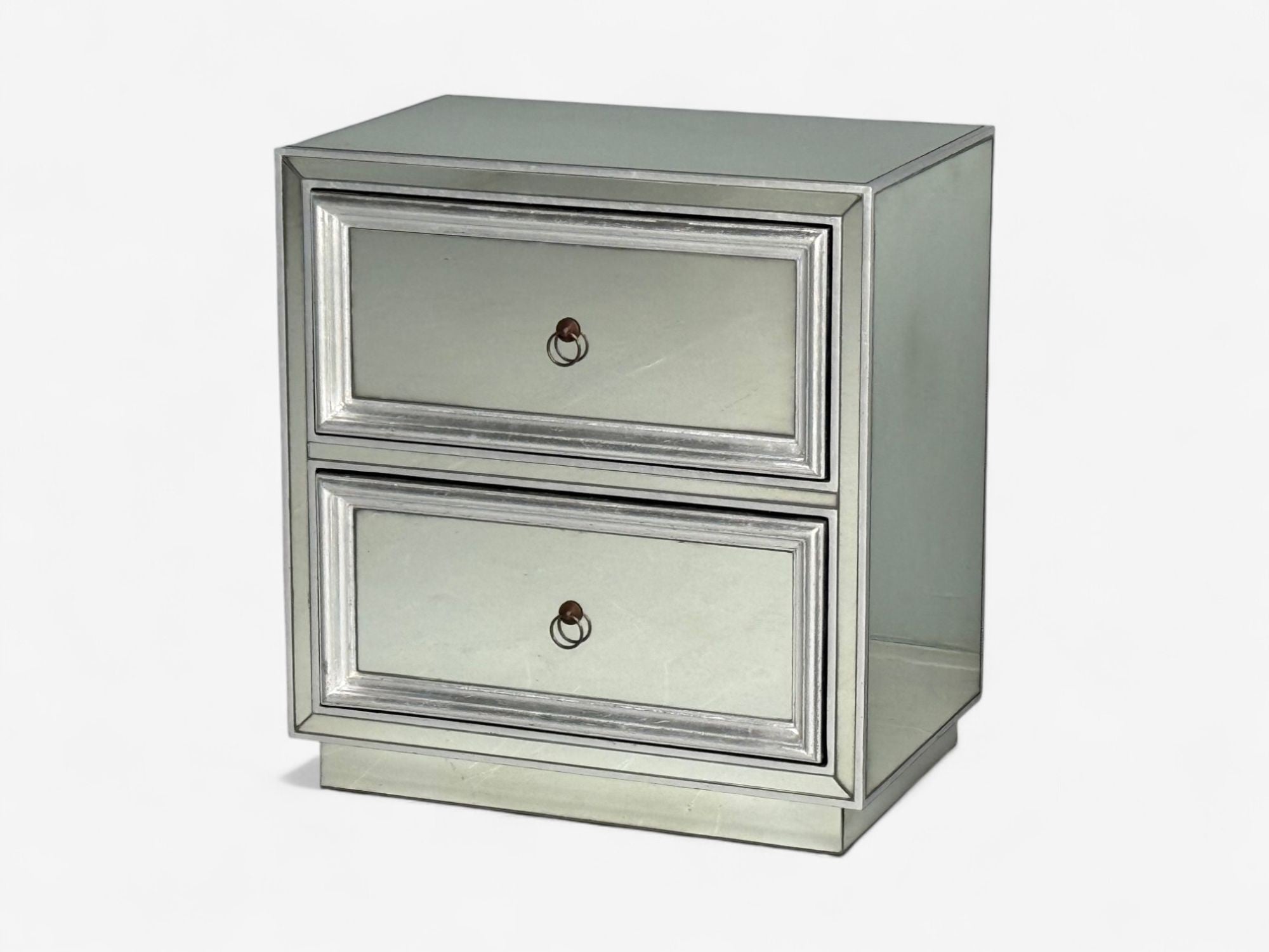 Hollywood Regency Style, Silver Leaf, Distressed Glass, Mirrored Nightstands