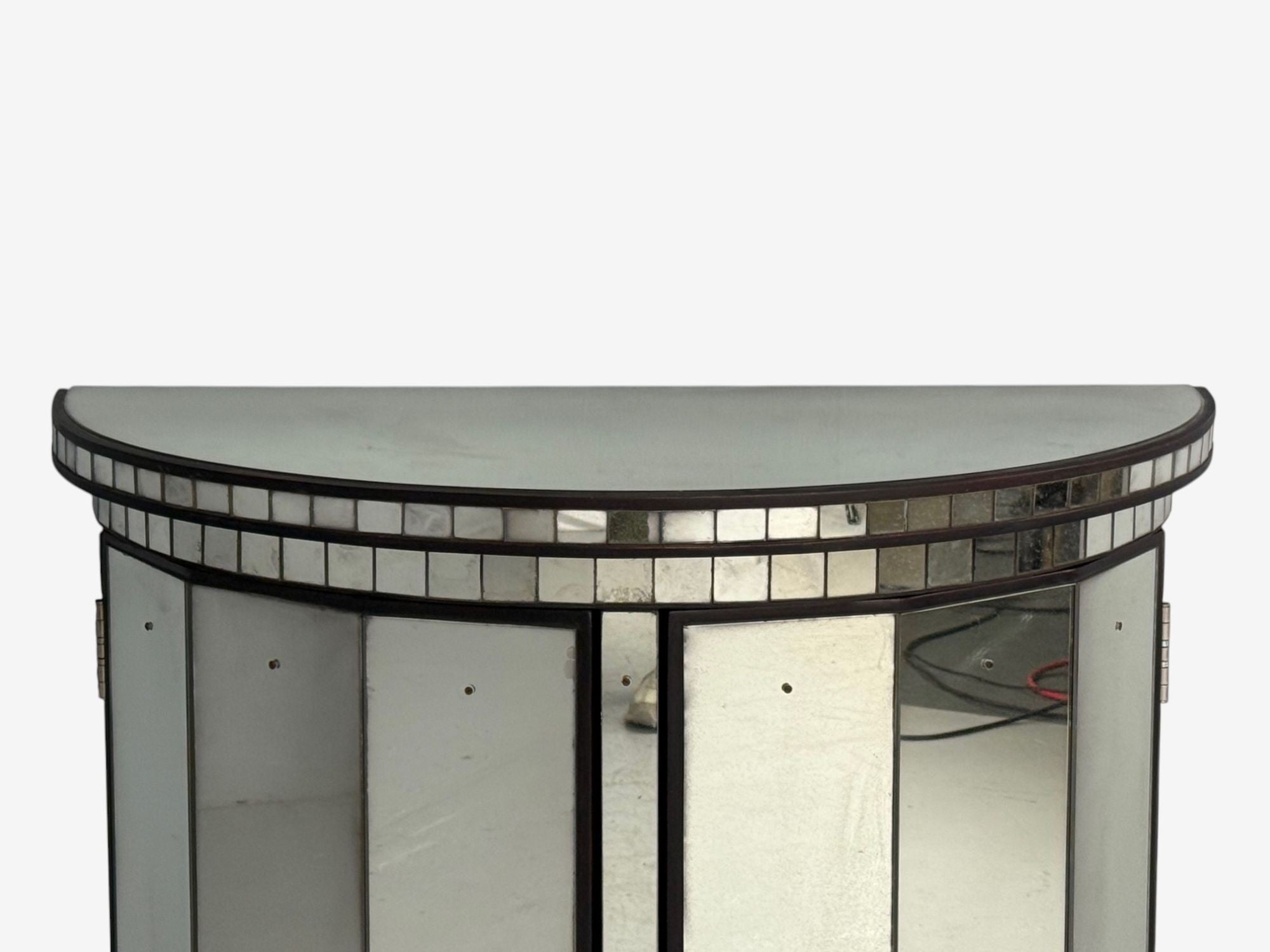 Hollywood Regency Style, Distressed Glass, Mirrored Demilune Cabinet