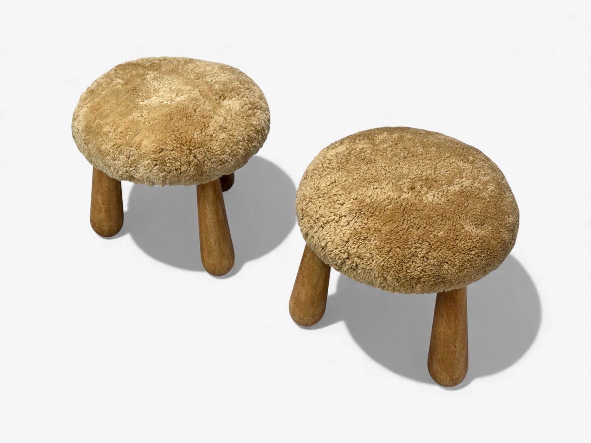Danish Modern Style, Honey Sheepskin, Maple, Shearling Footstools, USA, 21st c.