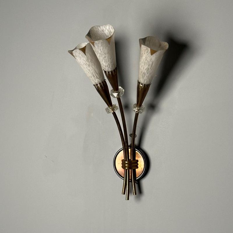 French Mid-Century Modern, Three Arm Sconces, Brass, Crystal, France, 1950s
