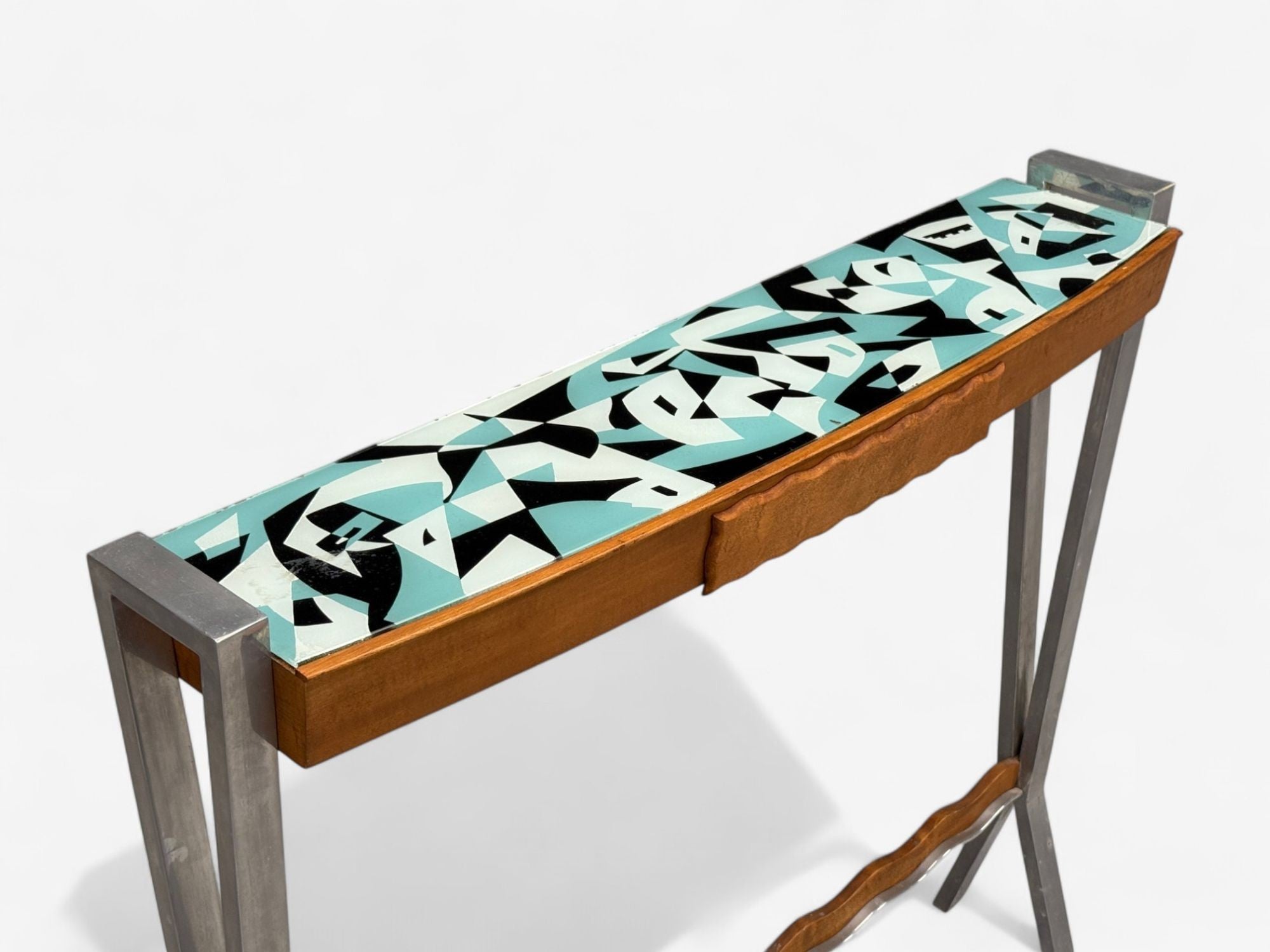 Italian Modern, Painted Glass, Ash Wood, Metal, Console Table, Italy, 1960s