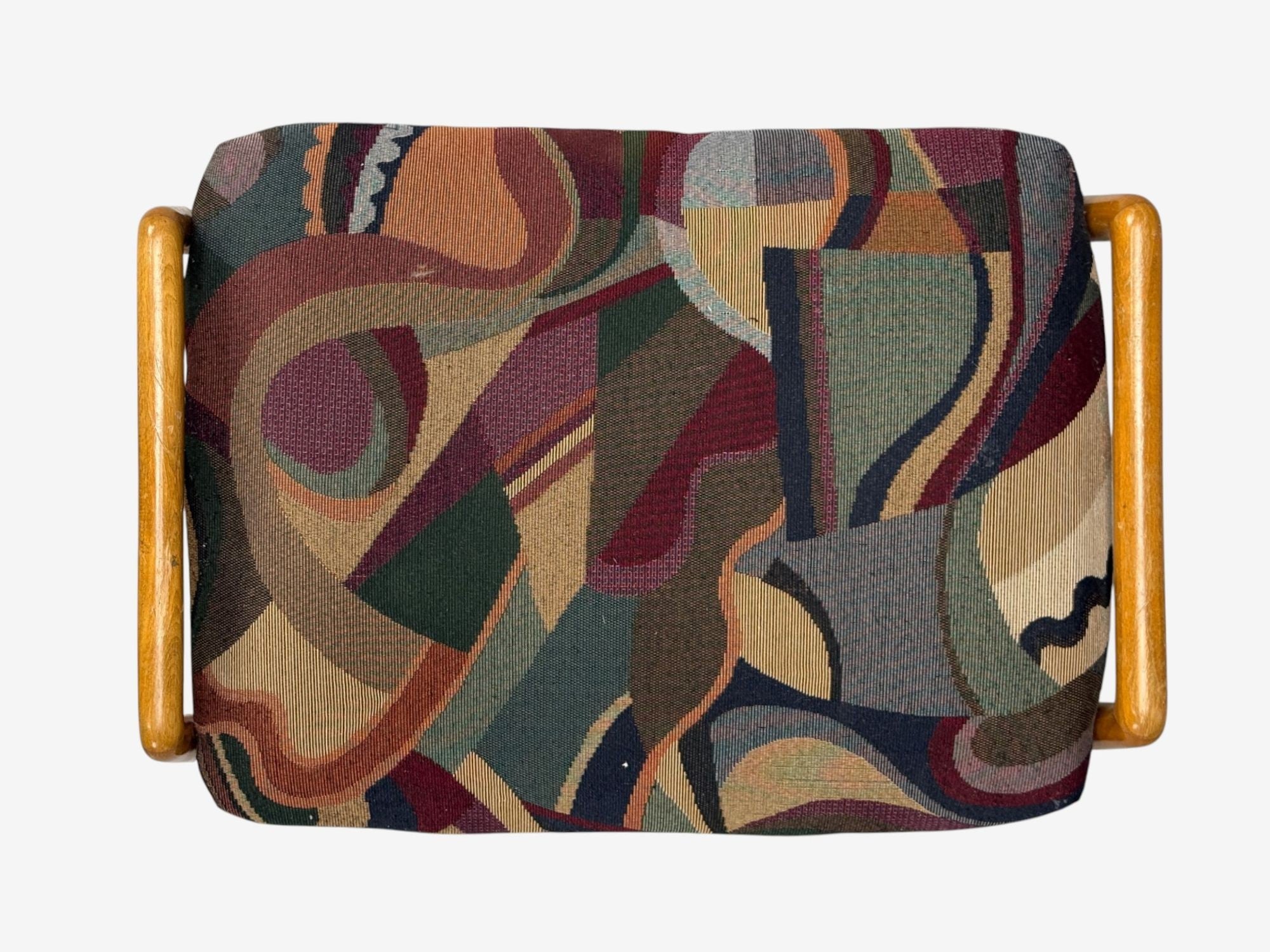 Danish Modern, Aztec Fabric, Light Stained Wood, Footstool, Denmark, 1950s