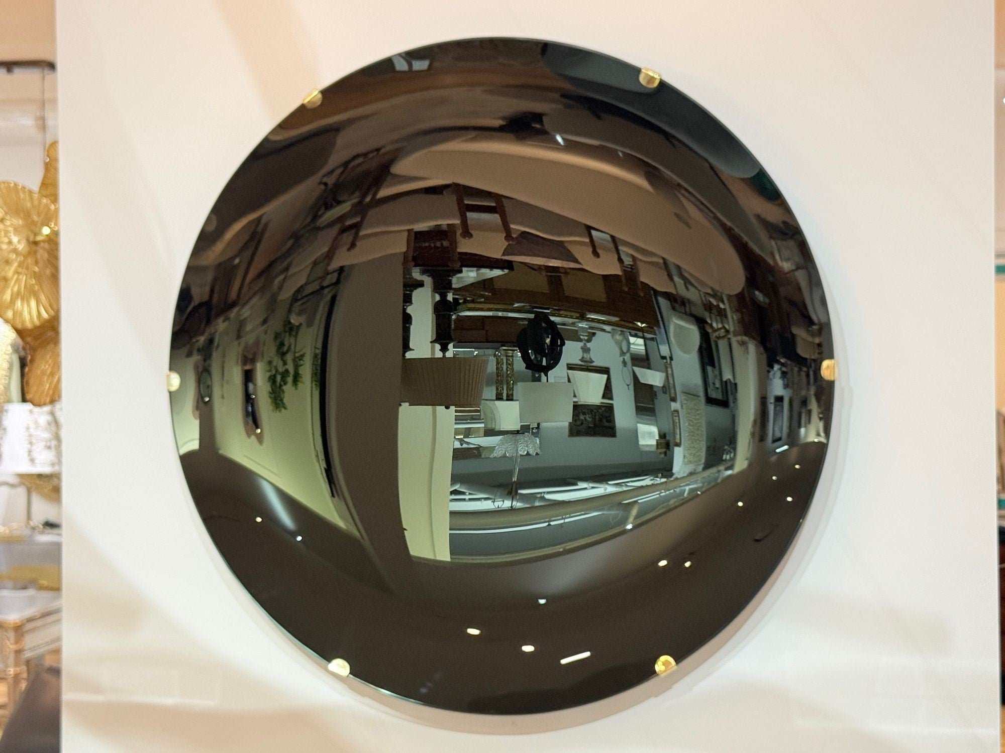 Contemporary, Concave Glass, Brass, Black Modern Space Age Wall Mirror