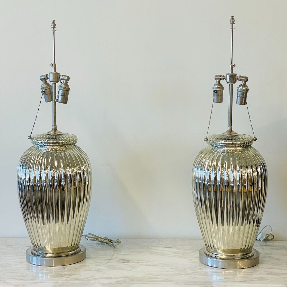 Pair of Mid Century Modern Silver Table Lamps Mercury Glass Brass U