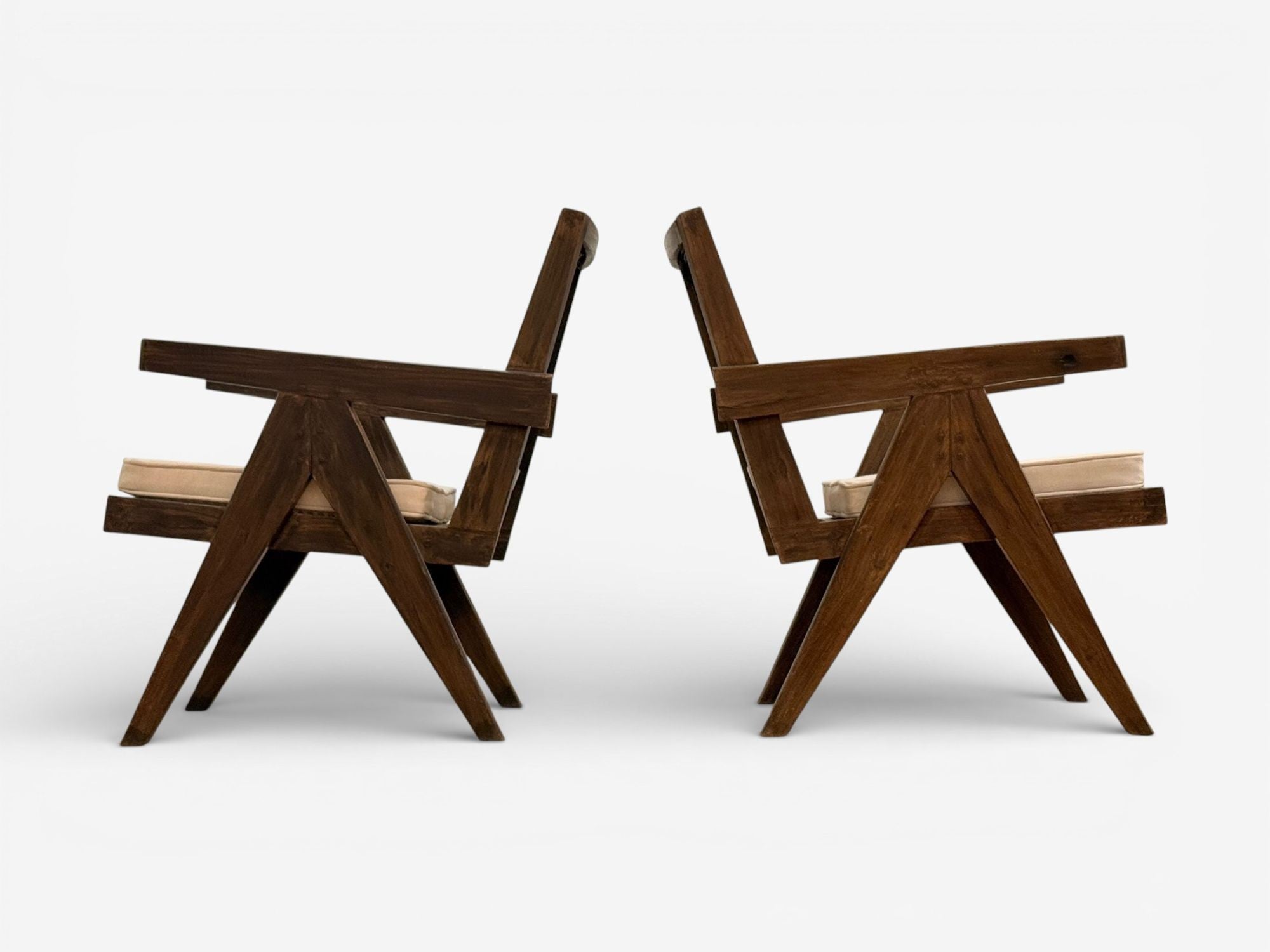 Pierre Jeanneret, Teak, Cane, Low Easy Chairs, Chandigarh, India c. 1960s