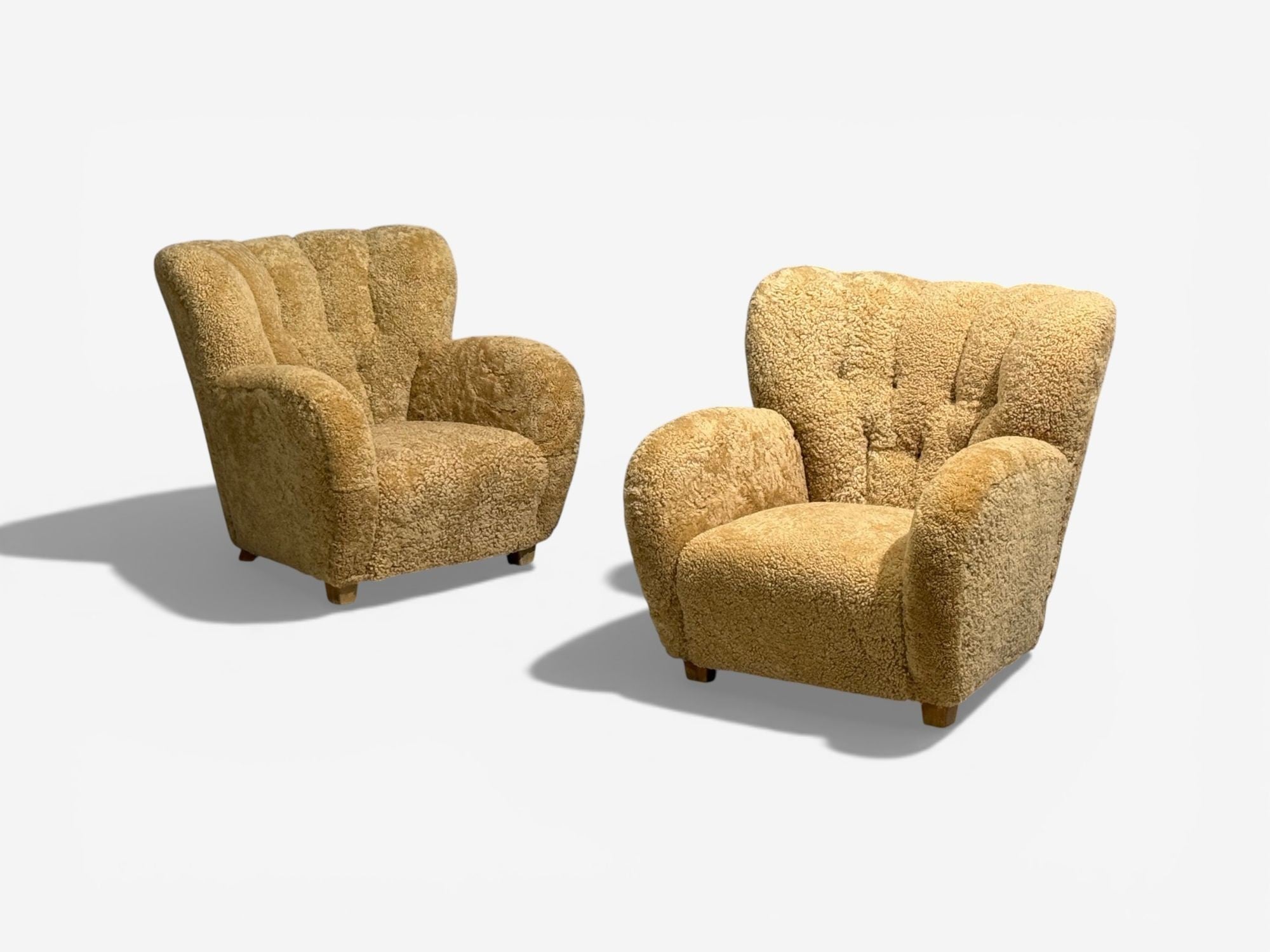 Finnish Modern, Organic Lounge Chairs, Shearling, Wood, Finland, 1940s