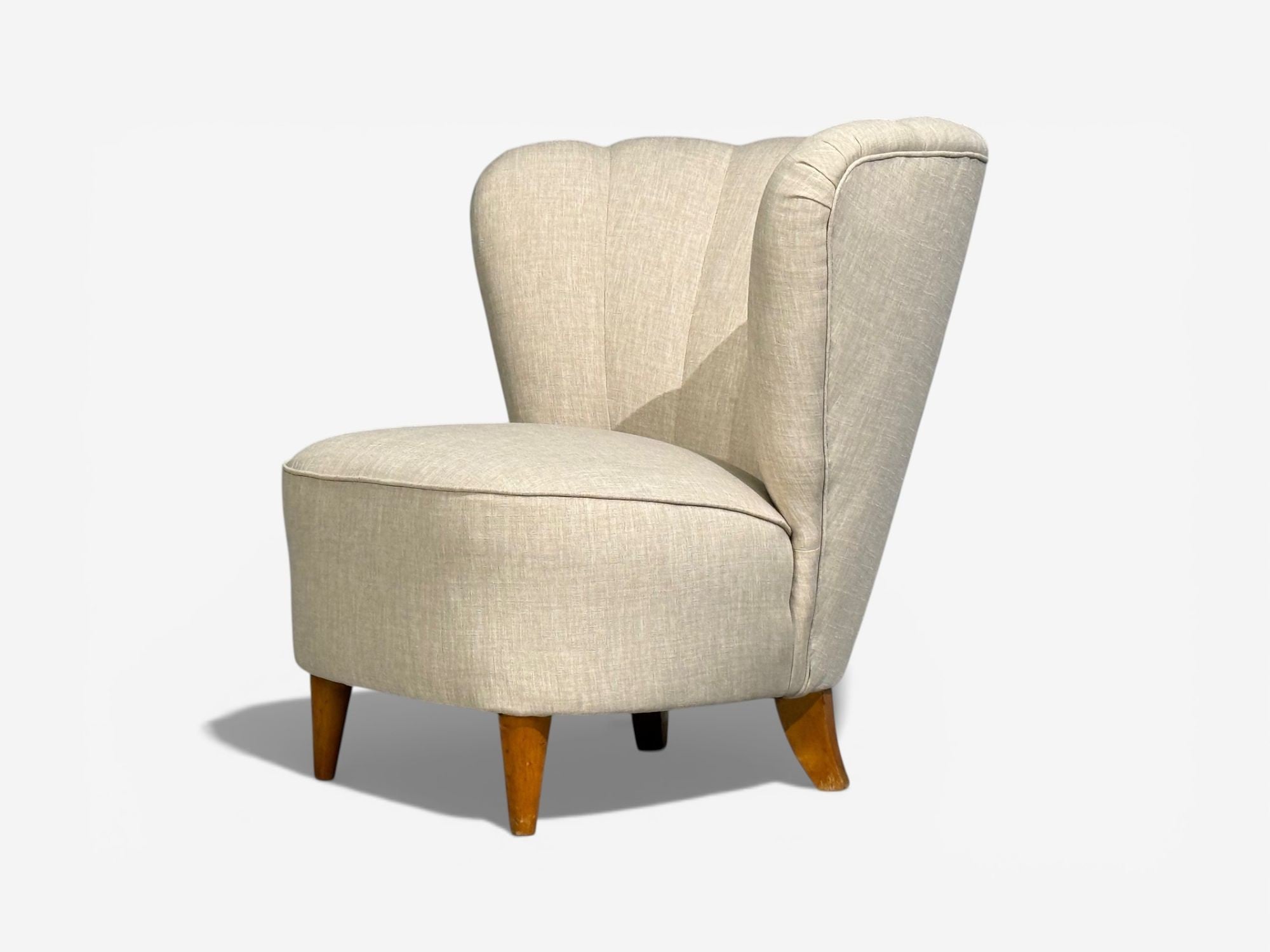 Carl-Johan Boman, Easy Chairs, Beige Linen, Wood, Finland, 1950s