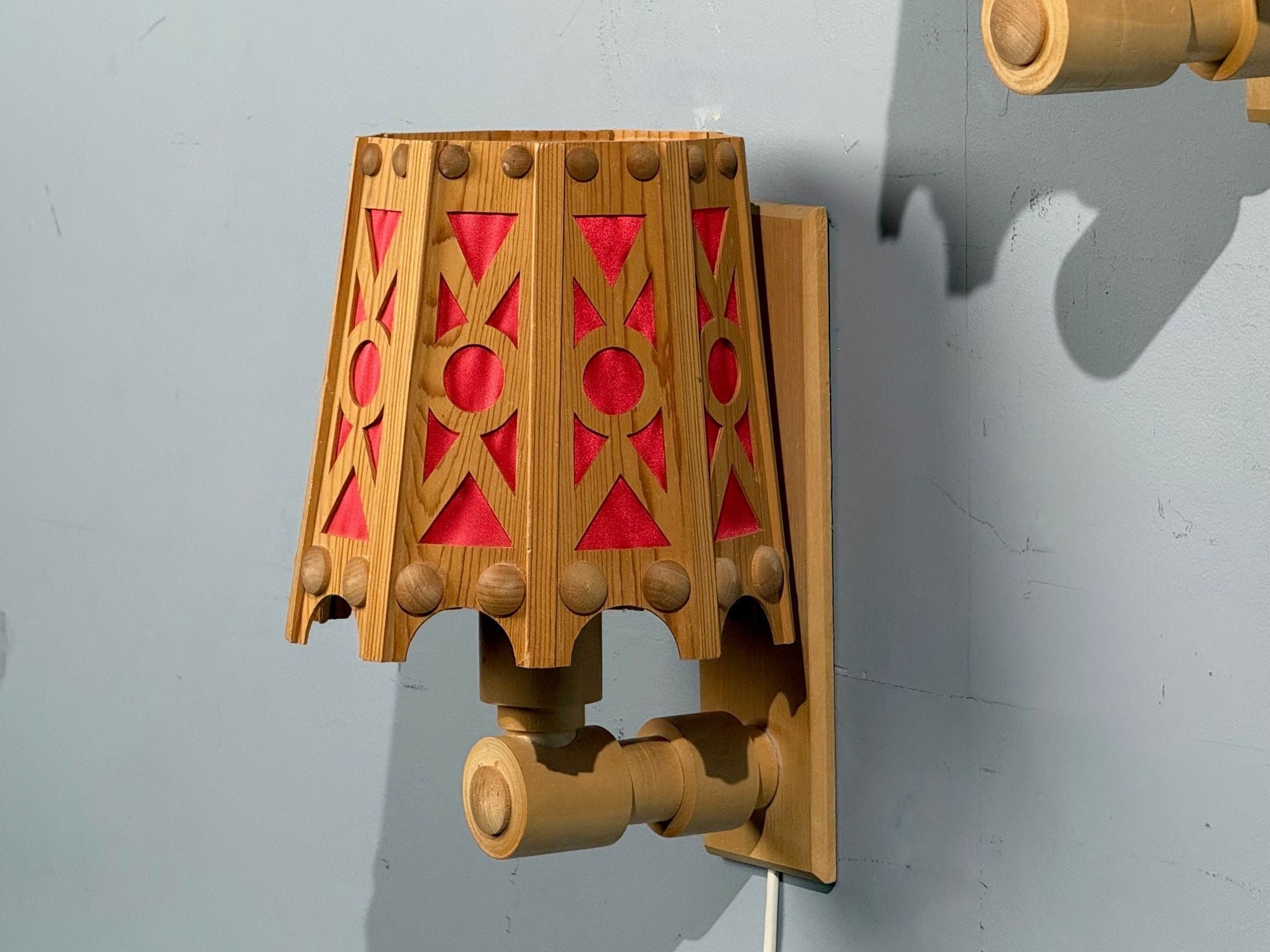 Swedish Modern, Wall Lights, Pine, Red Textile, Sweden, 1970s