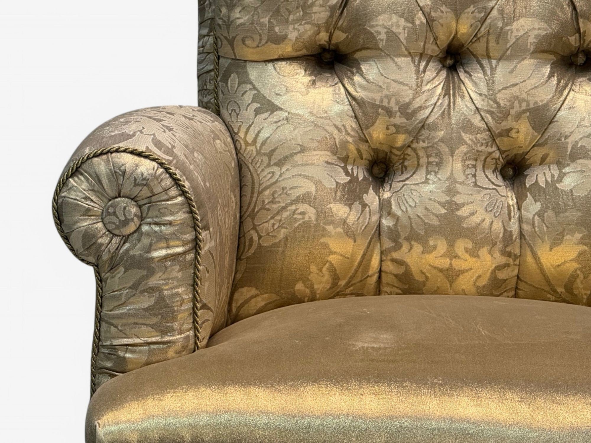 Victorian Style, Large Armchairs, Silk Fabric, Stained Wood, USA, 20th C.