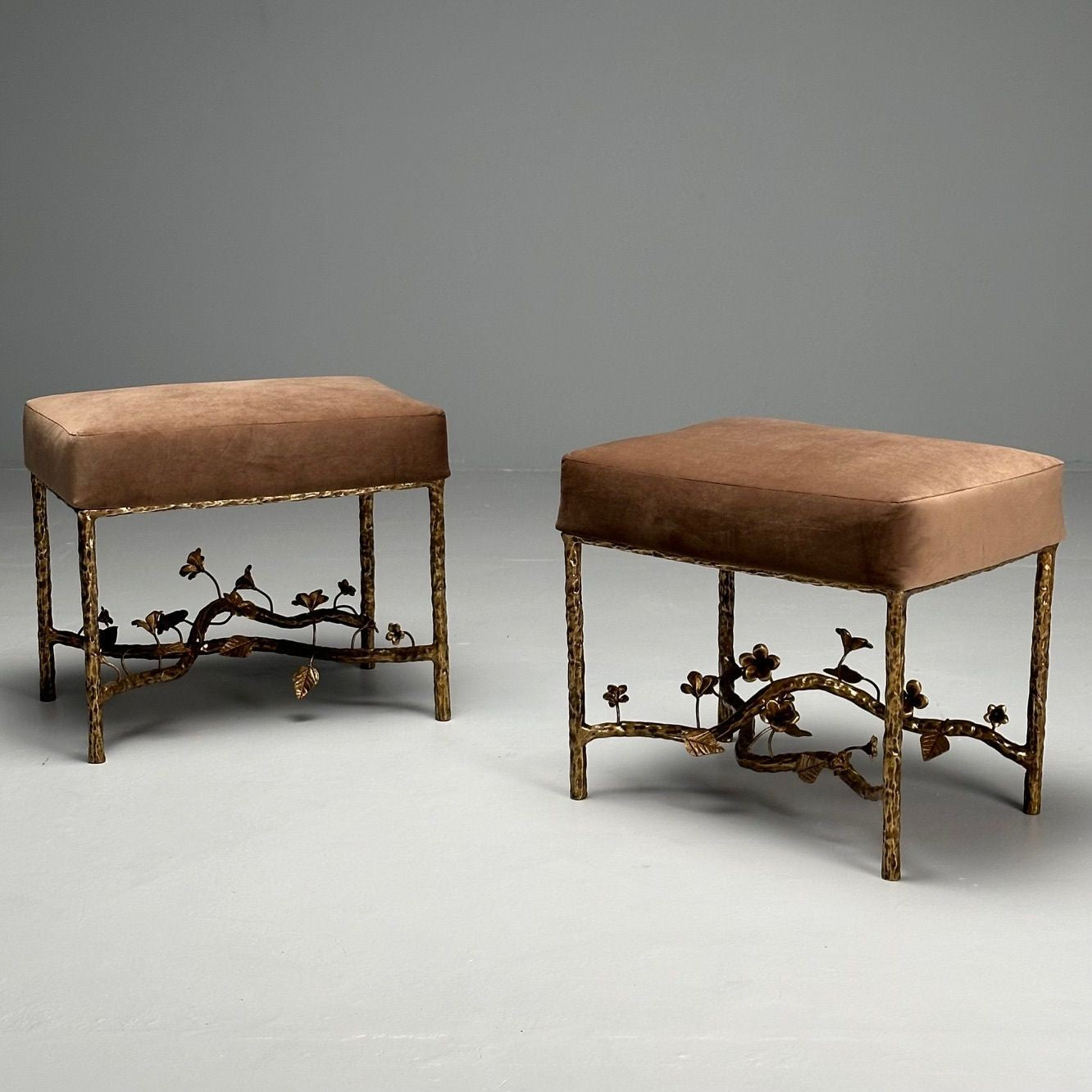 Giacometti Style, Hammered Bronze, Brown Velvet, Occasional Benches
