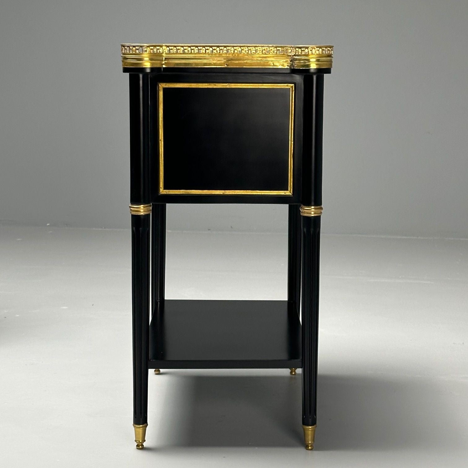 Maison Jansen Style, Hollywood Regency, Brass, Marble, Ebonized Nightstands