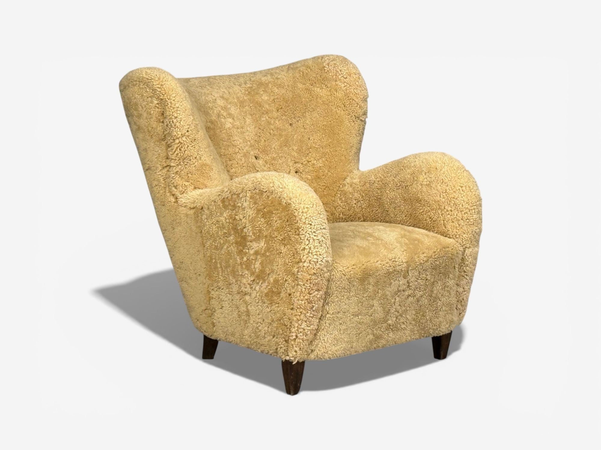 Swedish Modern, Organic Lounge Chairs, Shearling, Wood, Sweden, 1940s