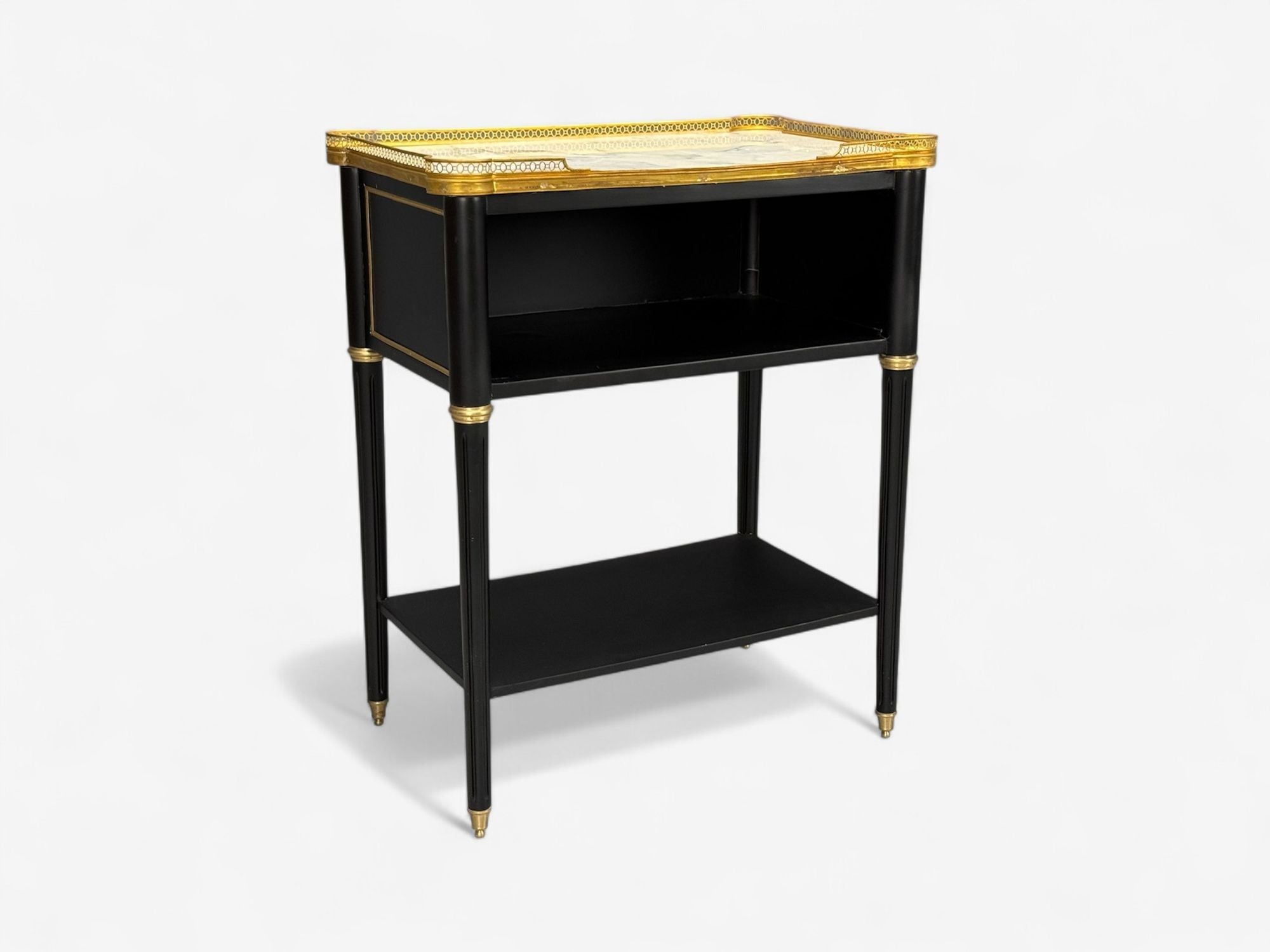 Maison Jansen Style, Hollywood Regency, Brass, Marble, Ebonized Open Nightstands