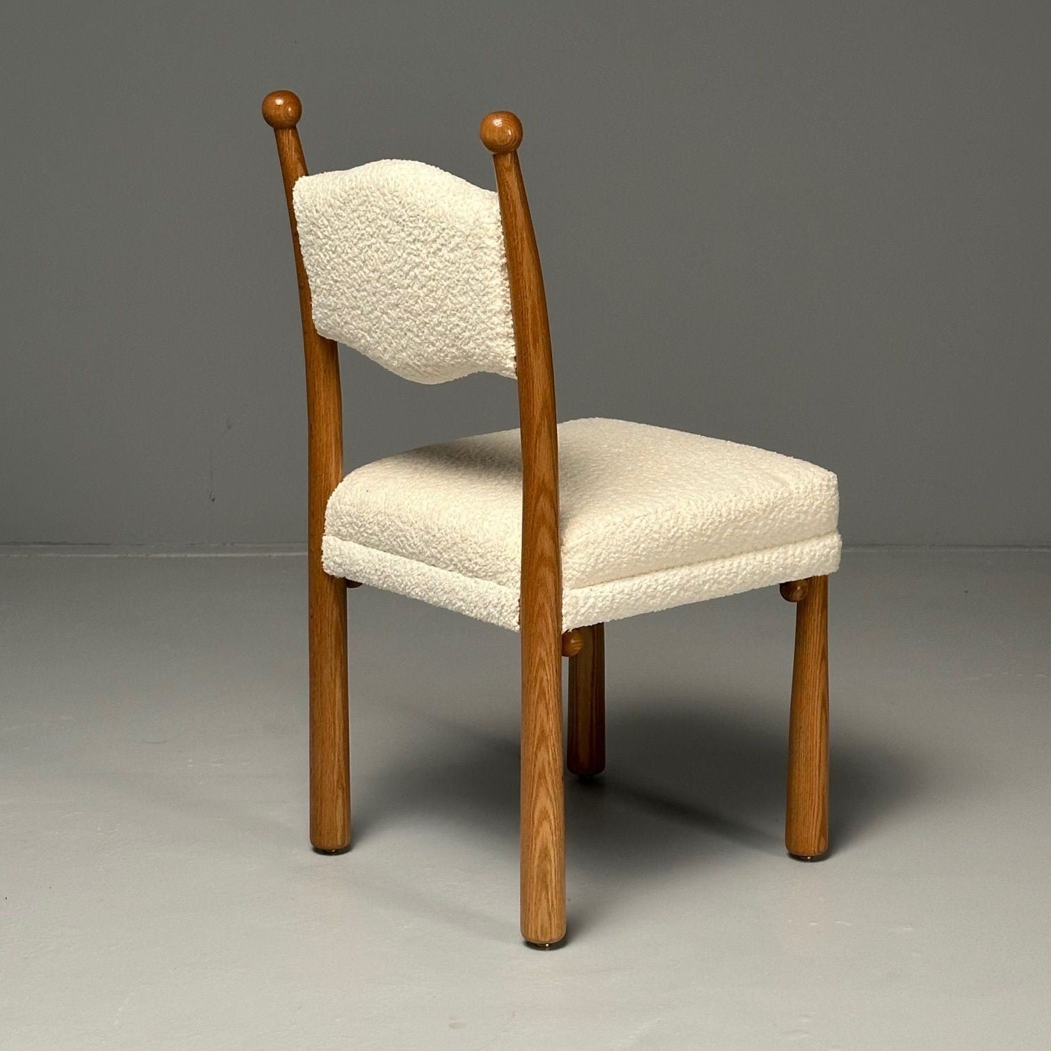 French Mid-Century Modern Style, Oak, White Boucle, Ten Dining Chairs, 21st C.