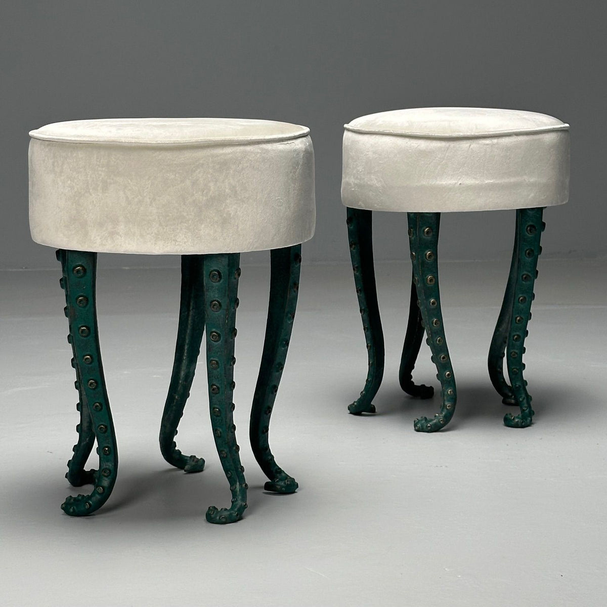 Modern, Octopus Footstools, Green Patinated Bronze, Grey Velvet