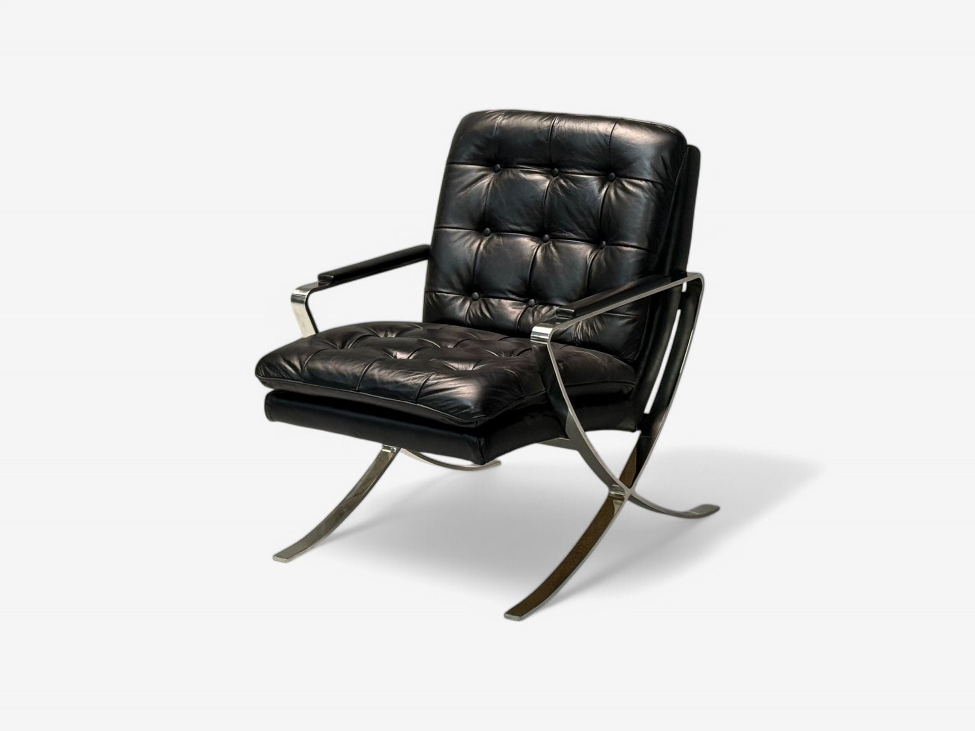 American Mid-Century Modern, Black Leather, Chrome, Lounge Chairs, USA, 1980s