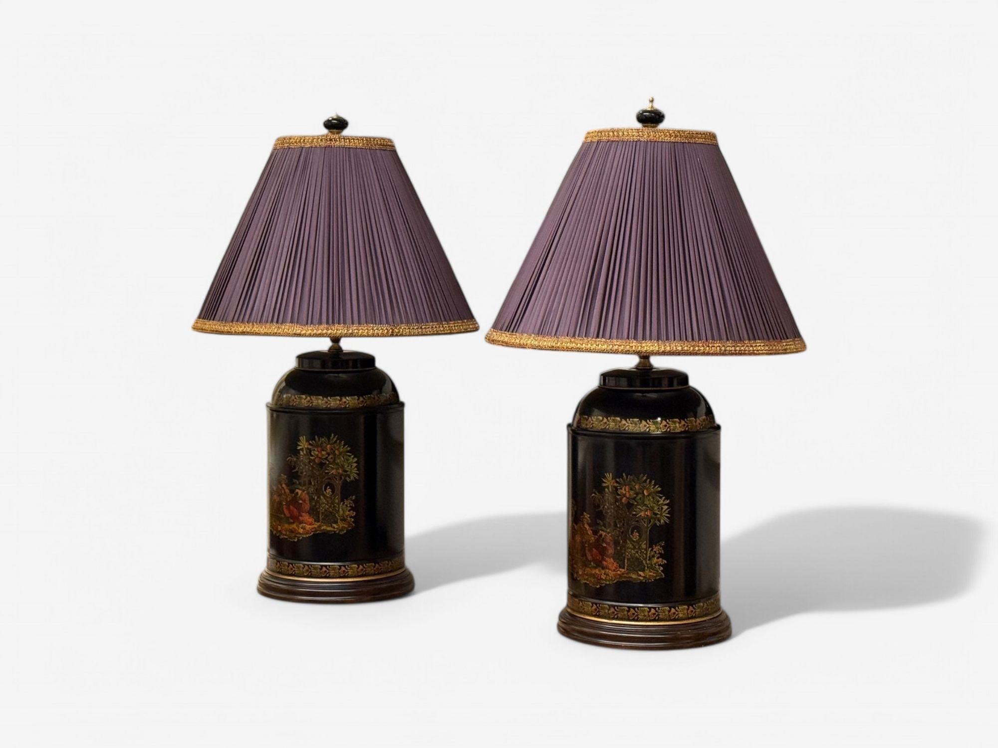 Chinese Export, Chinoiserie, Black Metal, Canister Lamps, Silk Shades, 1960s